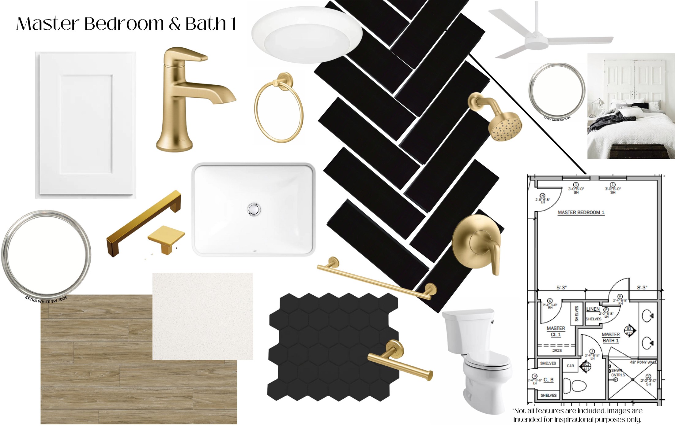 The primary suite highlights white oak LVP flooring, Extra White cabinetry, bold black herringbone tile, brushed golden brass fixtures, and a spacious dual-sink vanity.