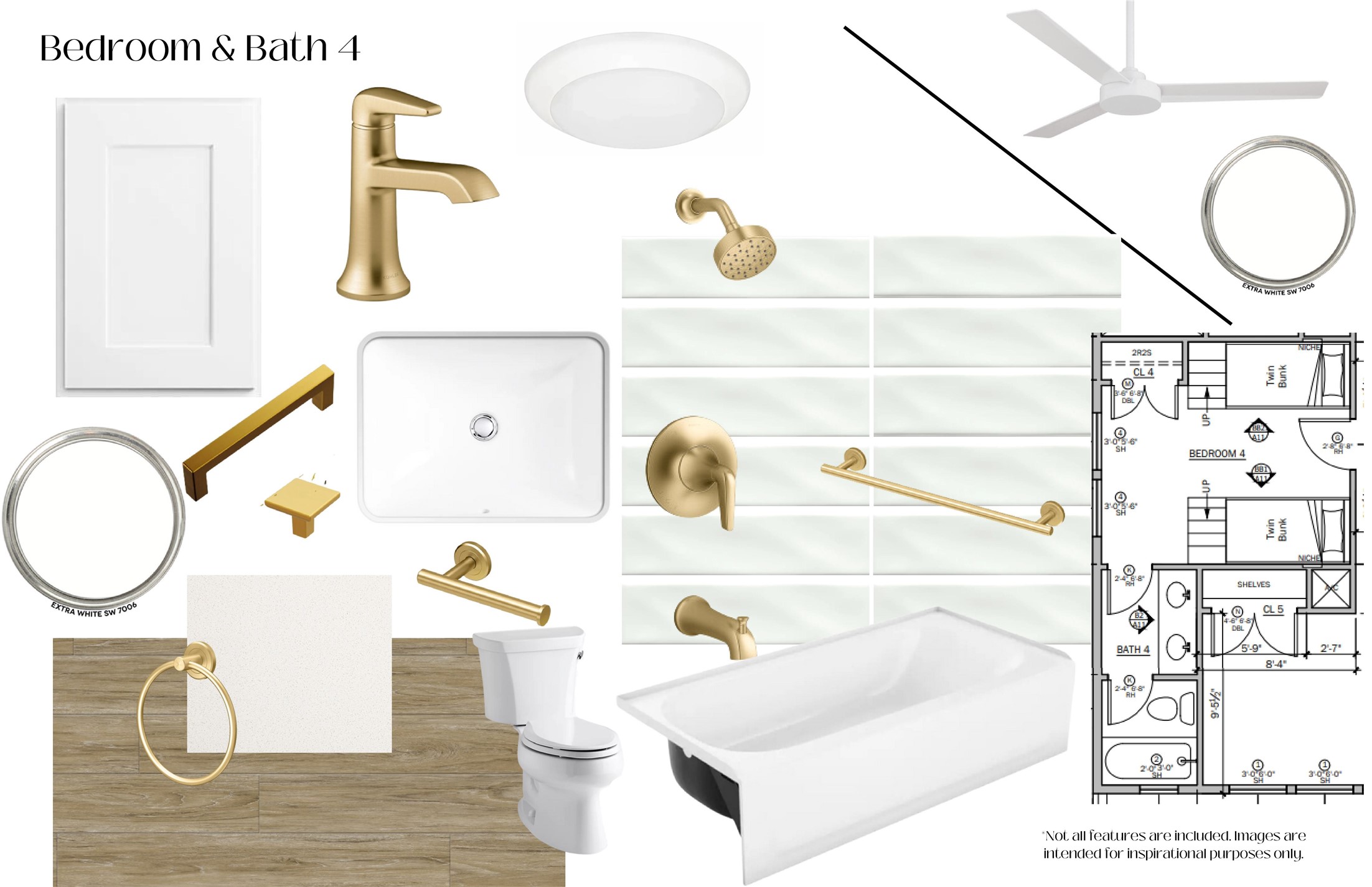 Bedroom 4 and its ensuite bath include a white vanity with brass hardware, white oak LVP flooring, brushed golden brass fixtures, and a fully tiled tub/shower.