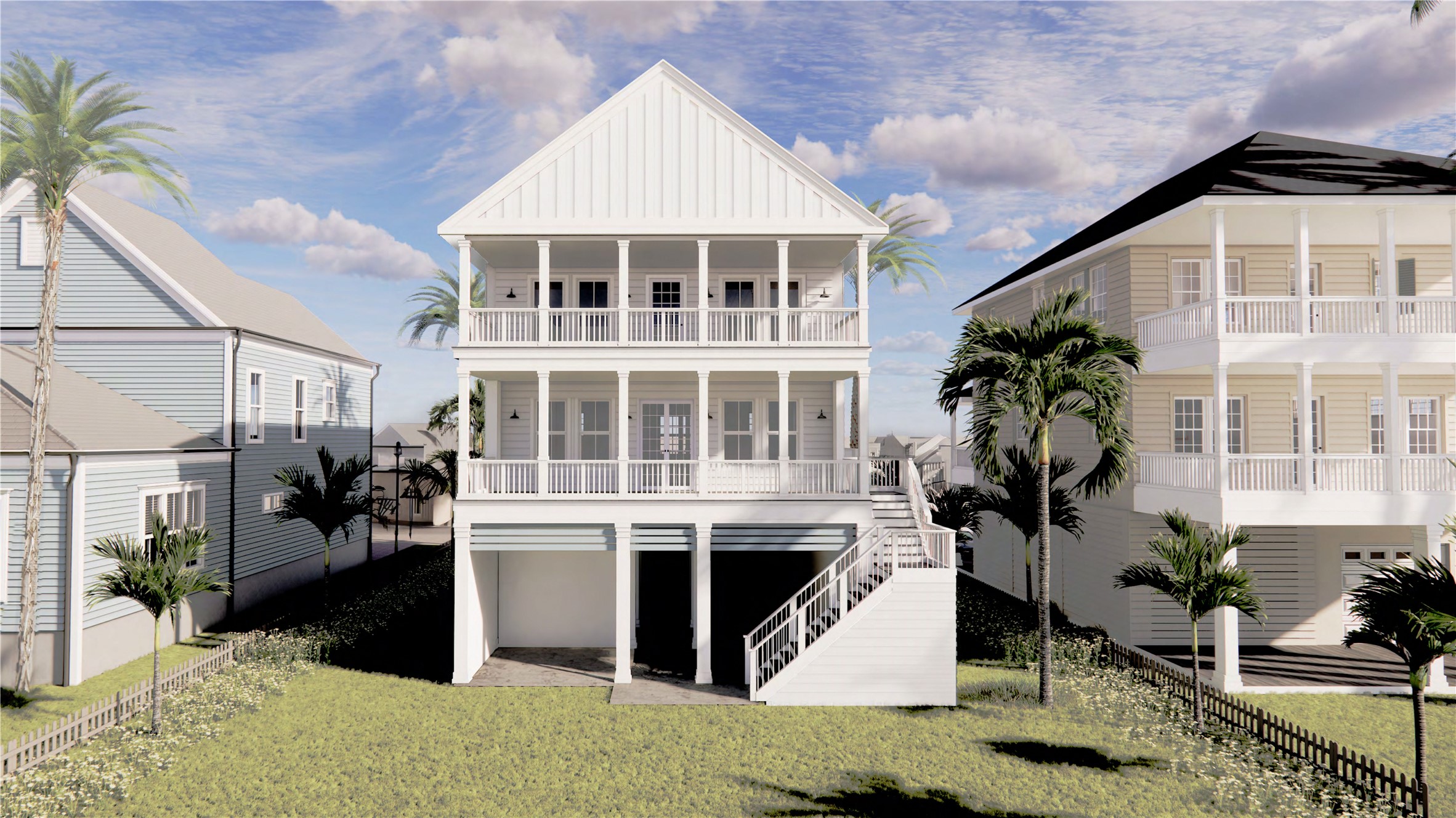 Expansive balconies stretch across the front of the home, offering multiple outdoor spaces to relax and entertain. *3D rendering