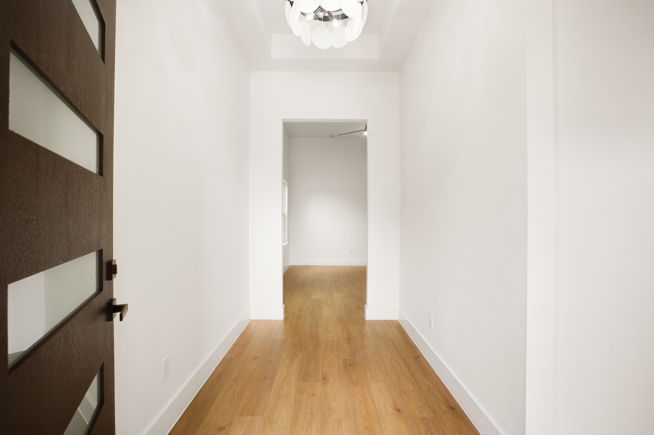 Bright hallway with warm wood flooring and a crisp, minimalist feel.