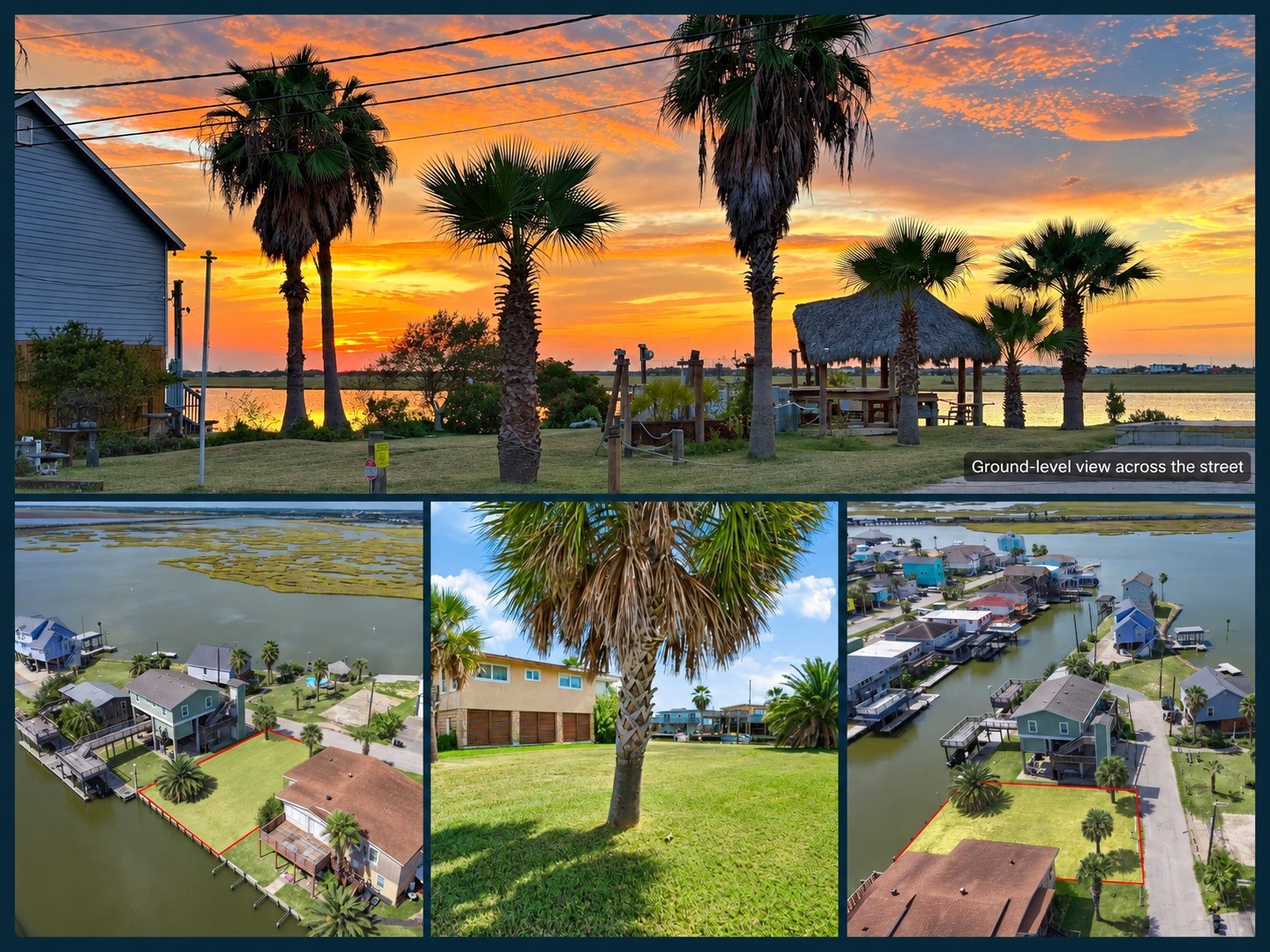 Welcome to 65 Lakeside! A cleared canal-front lot in Original Bayou Vista with the wood bulkhead already in, incredible sunset views across the street, and the marsh and open water of the Galveston Bay system just past the end of the canal. No HOA, and Airbnb rentals are allowed. Flip through for the aerials, the canal and the lot at ground level.