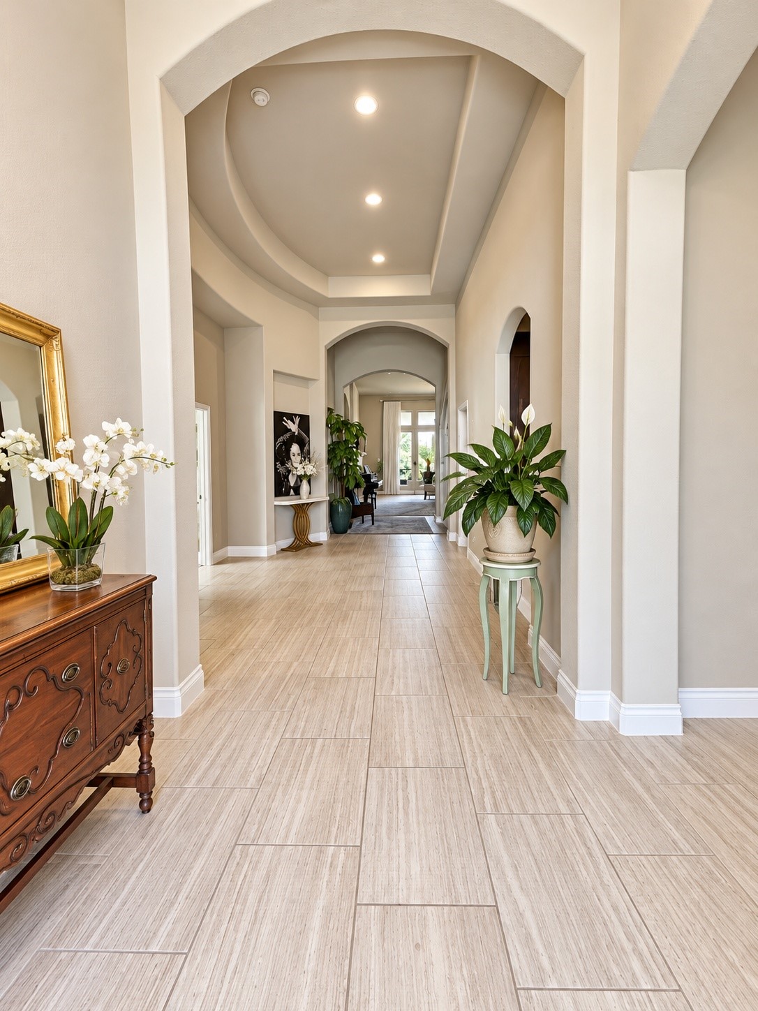 Beautiful hallway with architectural archways and a distinctive ceiling design, creating a sense of sophistication.