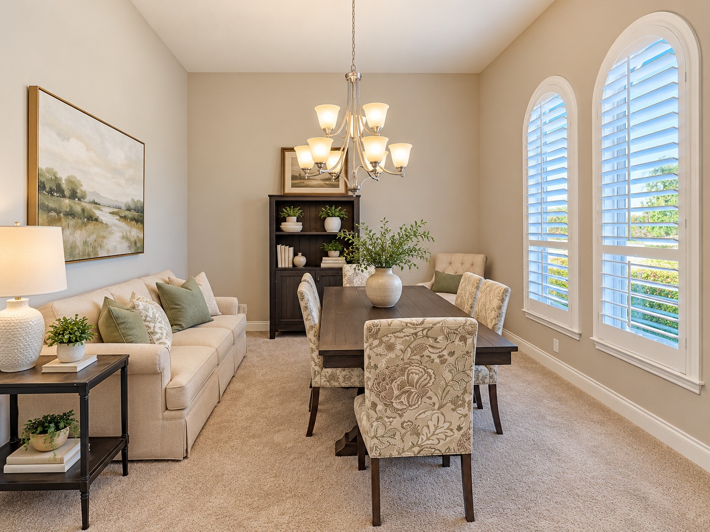 Beautifully appointed formal dining area with soaring ceiling height, an elegant chandelier, and abundant natural light.