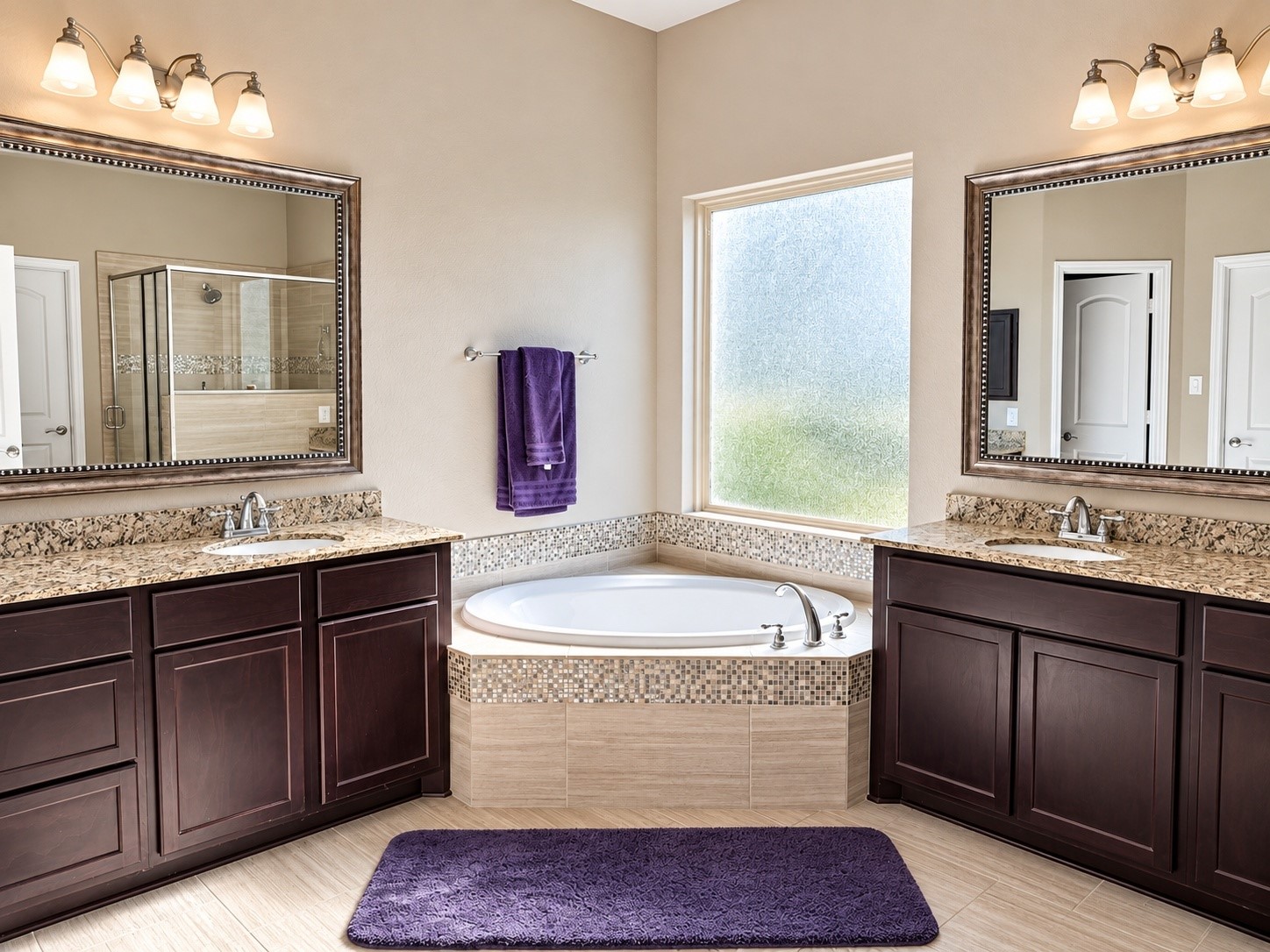Retreat to a spacious primary bathroom designed for relaxation, offering an inviting atmosphere and timeless elegance.