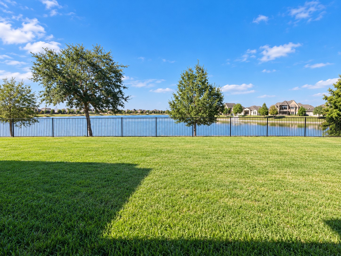 Expansive backyard overlooking the neighborhood lake, complete with mature trees and wrought-iron-style fencing.