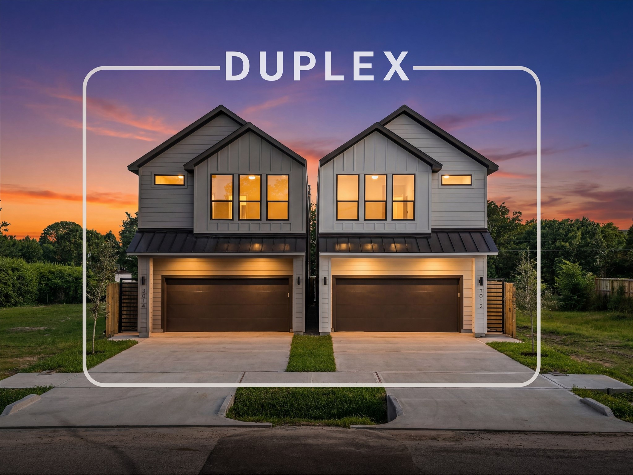 This modern duplex offers great curb appeal, featuring a clean white and grey exterior and two wide concrete driveways. Warm interior lighting makes the space feel instantly inviting from the street. Its a sharp, balanced, and well-designed property that is completely move-in ready.
