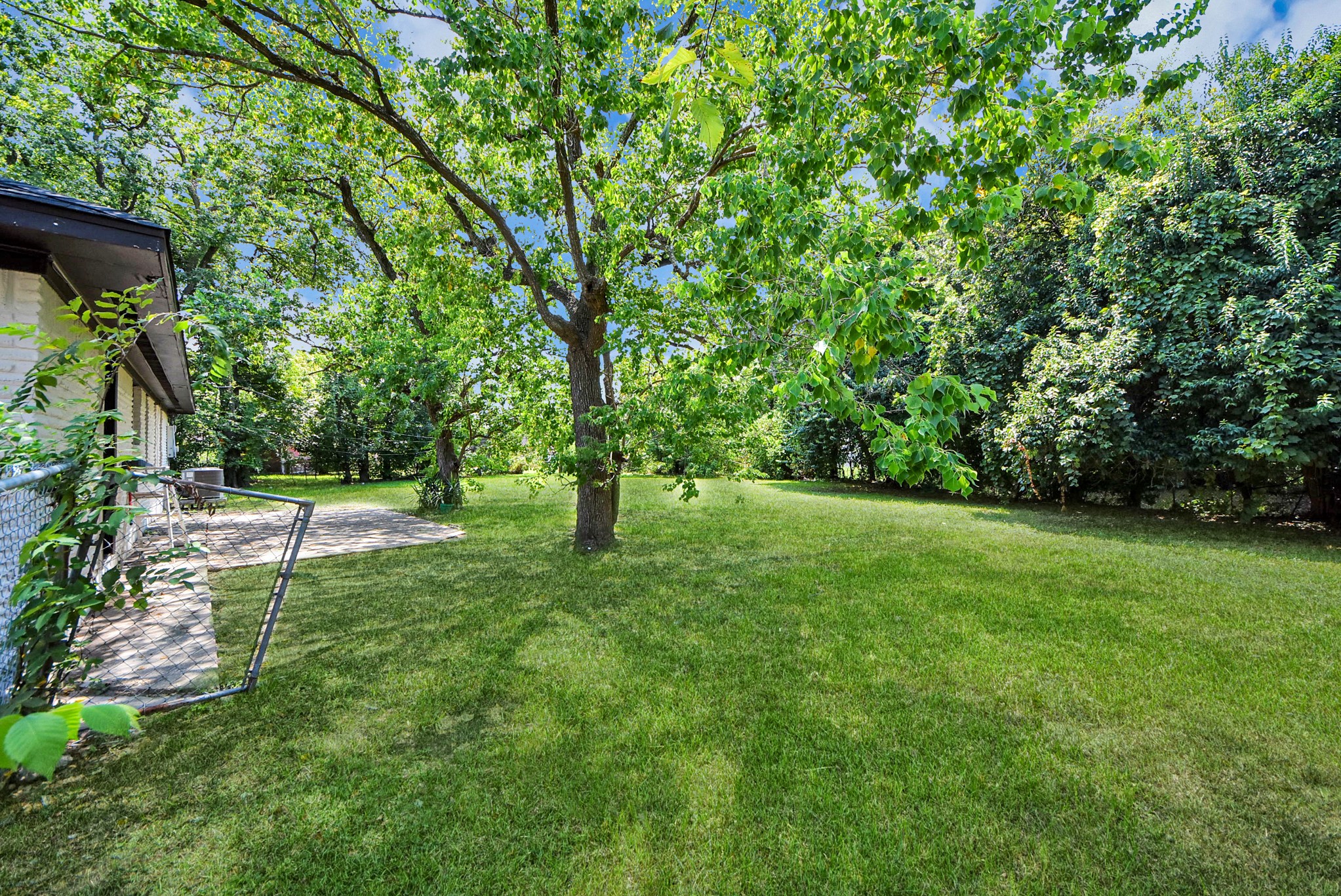 Expansive backyard with lush greenery and mature trees, perfect for relaxation and outdoor activities, adjacent to a charming patio area.