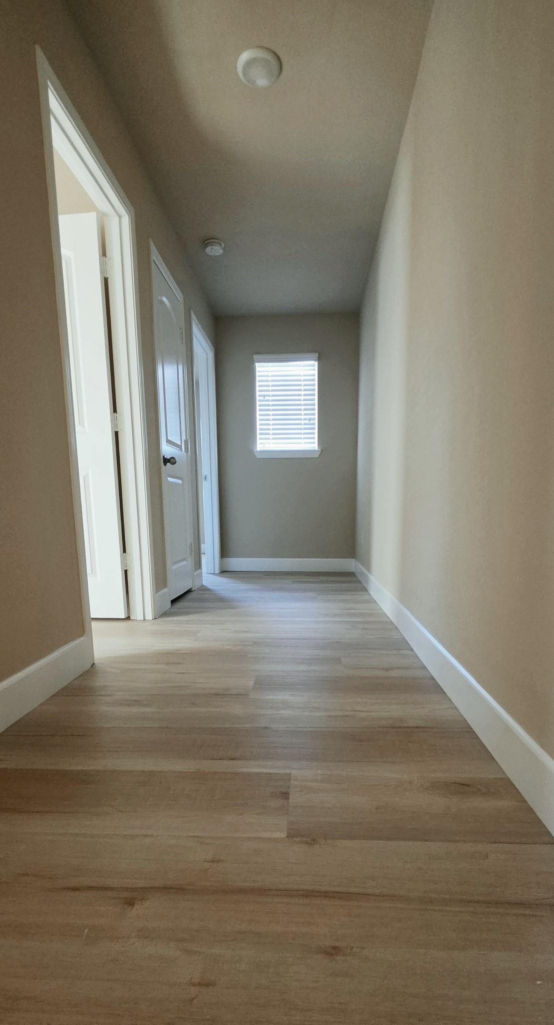 View of the hallway features brand new flooring and lots of natural light.