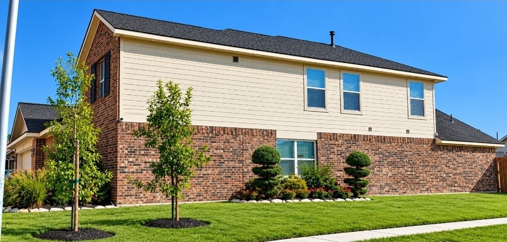 View of the beautifull landscaping on the side of the home. Another view of two of the three Eagle Stem hollys for additional privacy.