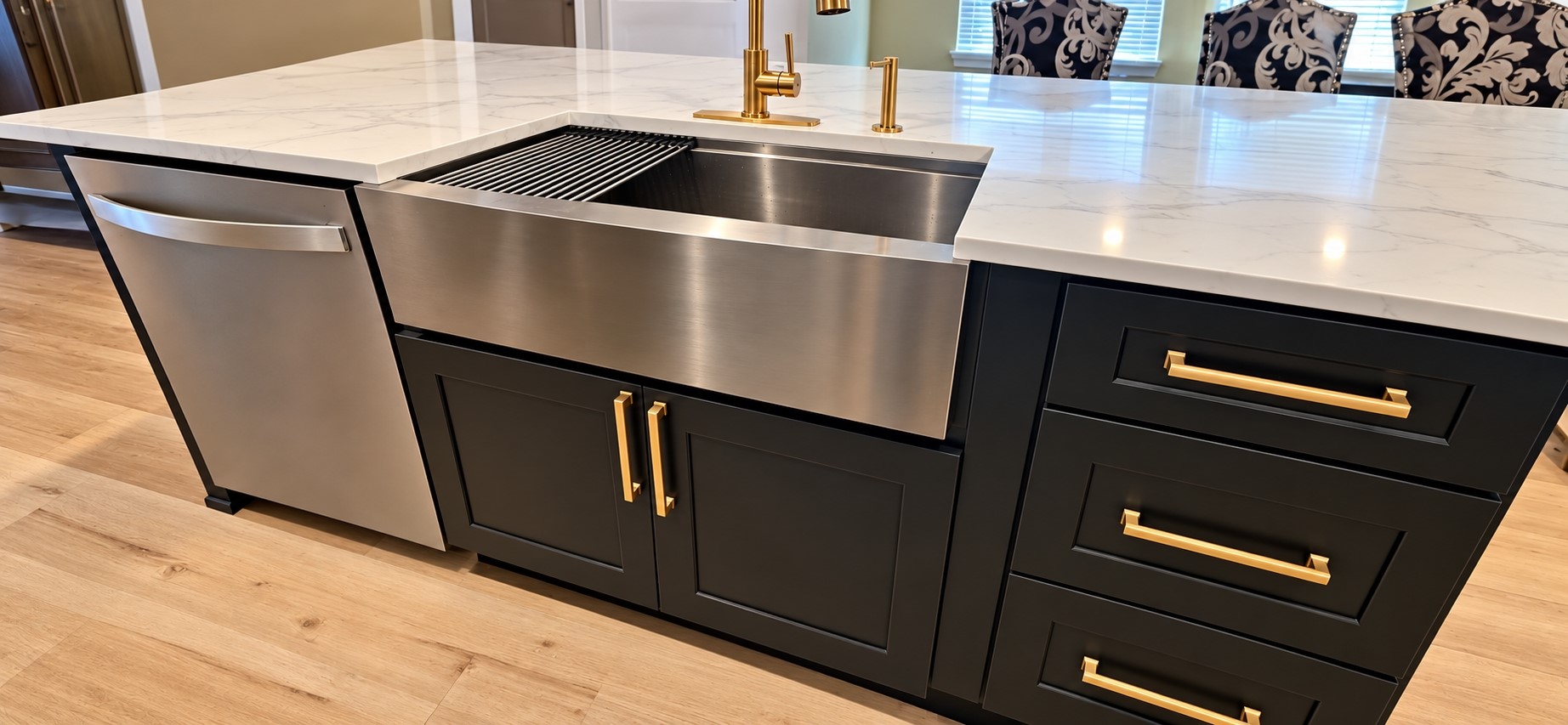 Farm house sink, all wood cabinets and quartz counter tops