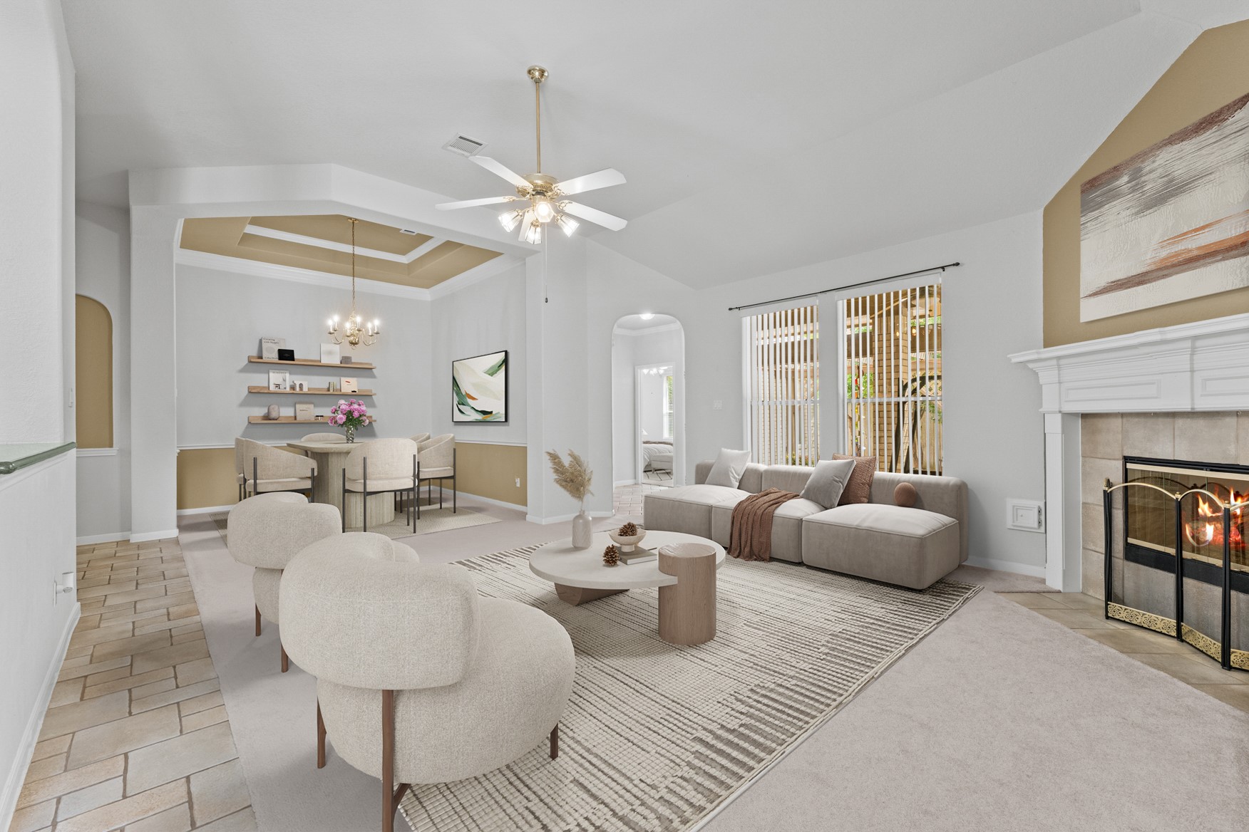 Virtually staged living and dining areas.