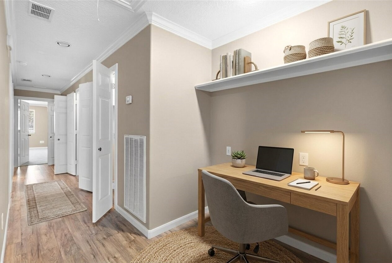 Your built-in desk nook creates the perfect setup for working from home, studying, creative projects, or managing everyday tasks with ease. This space has been virtually adjusted using artificial intelligence.