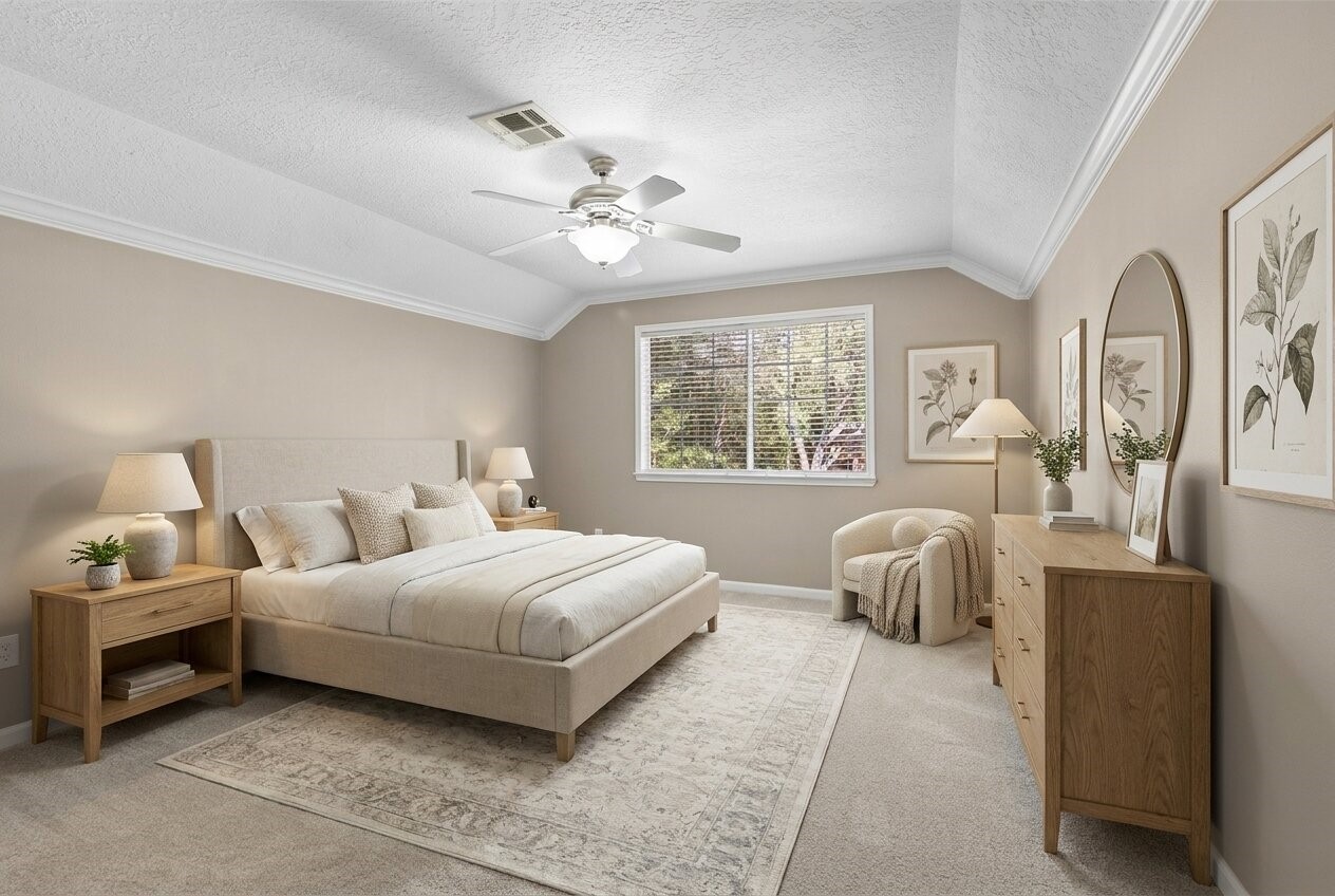 This spacious primary bedroom in the guest house provides a quiet retreat with soft natural light, vaulted ceilings, crown molding, and carpet flooring, with room to personalize however you choose. This space has been virtually adjusted using artificial intelligence.