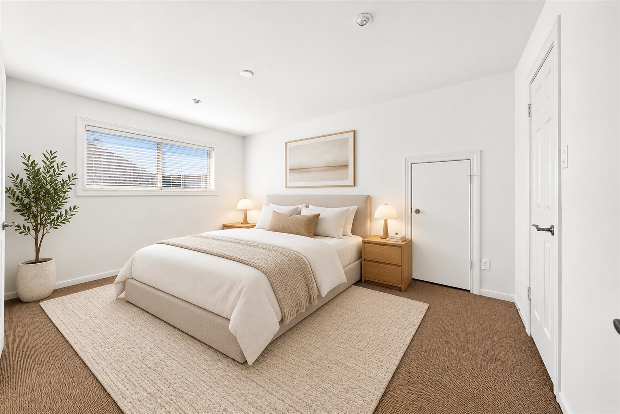 Virtually staged secondary bedroom with a wide window and a neutral bedroom arrangement.