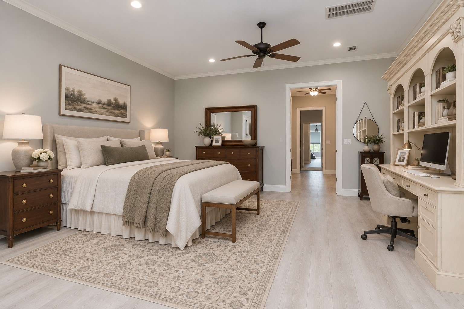 Virtually Staged primary bedroom with en-suite bathroom, wood look tile floors, crown molding and ceiling fans.