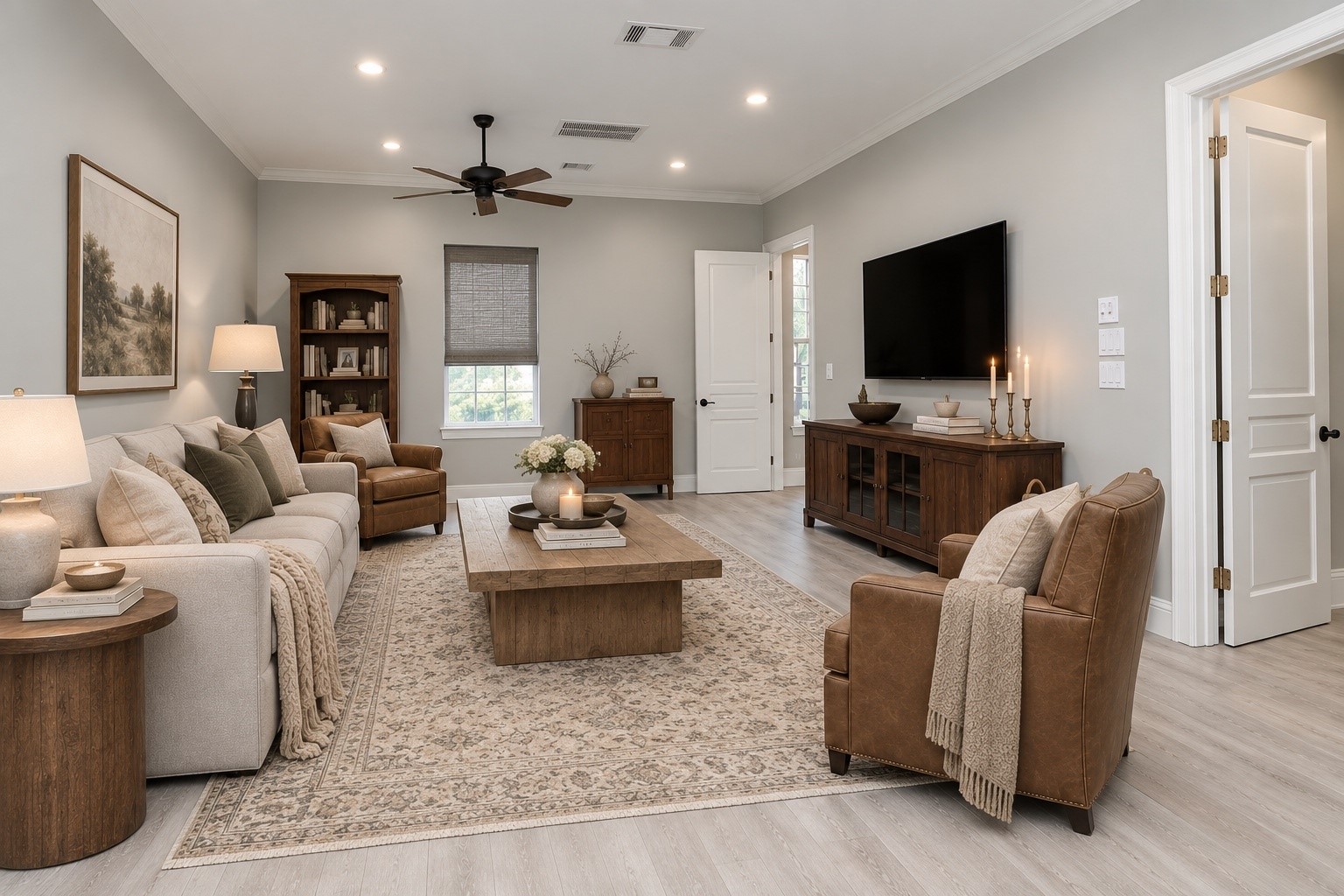 Virtually Staged. Sitting area in the primary bedroom. Read a good book or just stare out towards the pond at your new place to call home.