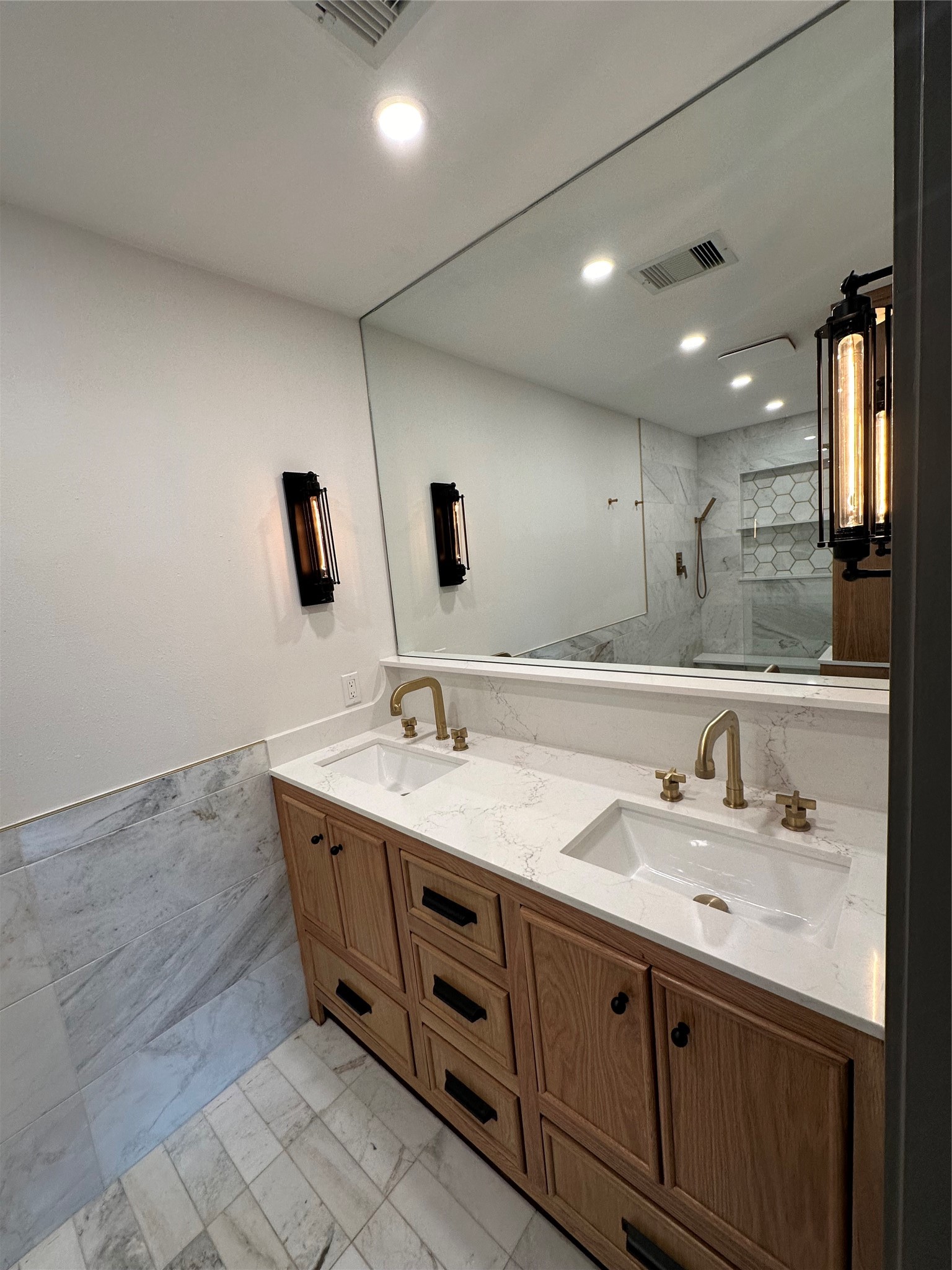 Custom bath with Oak cabinetry and Double Vanity Custom bath with Oak cabinetry and Double Vanity