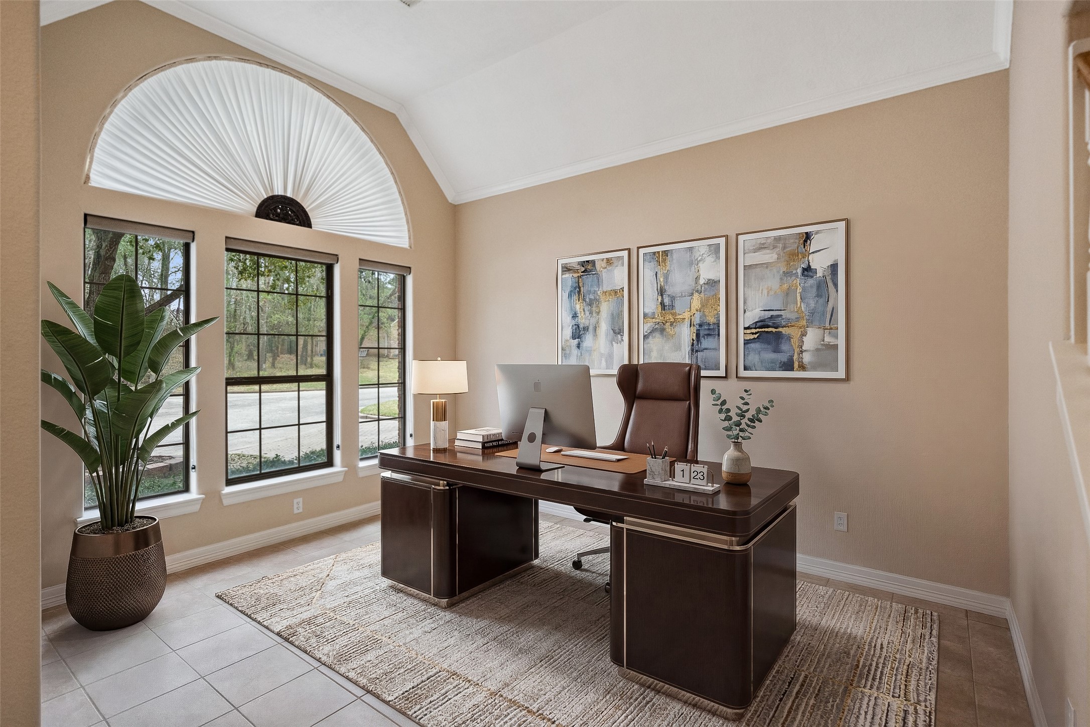 A bright, inviting virtually staged home office with large windows offering ample natural light creating a productive and serene workspace. A bright, inviting virtually staged home office with large windows offering ample natural light creating a productive and serene workspace.