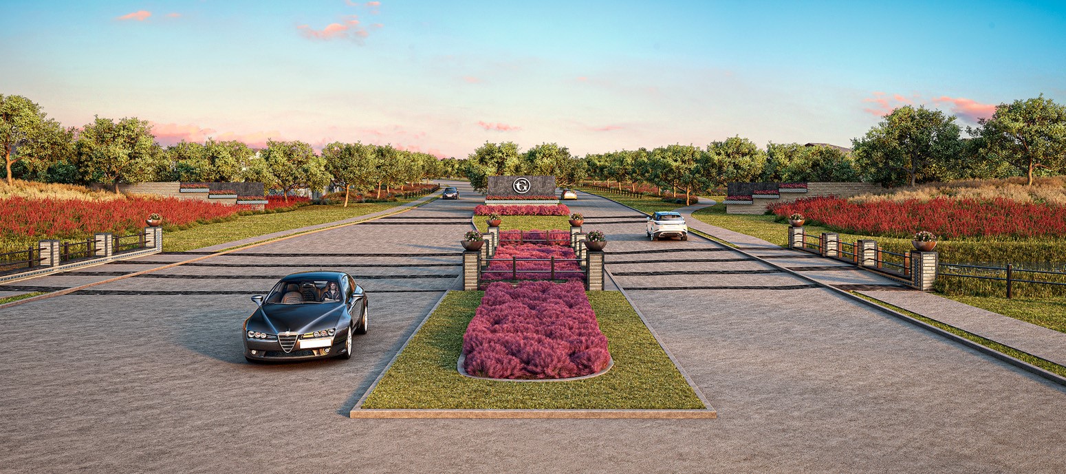 Beautifully landscaped community boulevard creating a welcoming entrance to the neighborhood.