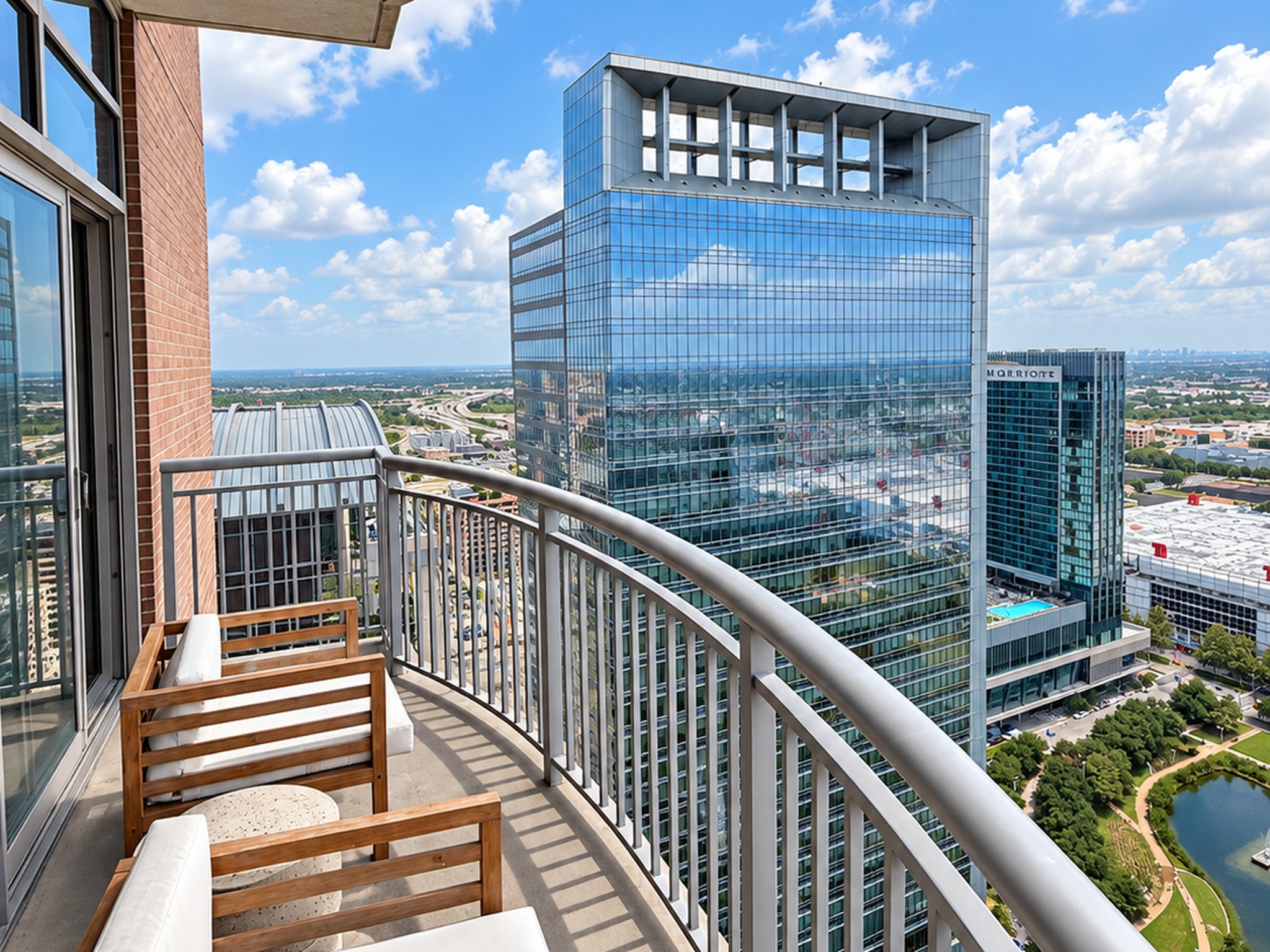 Step outside and experience the city from an entirely new perspective. The private balcony creates a peaceful extension of the residence; perfect for morning coffee, evening conversation or simply taking in the skyline and changing Texas sky. Photo taken from a similar residence on the 35th floor; orientation and views may vary by unit.