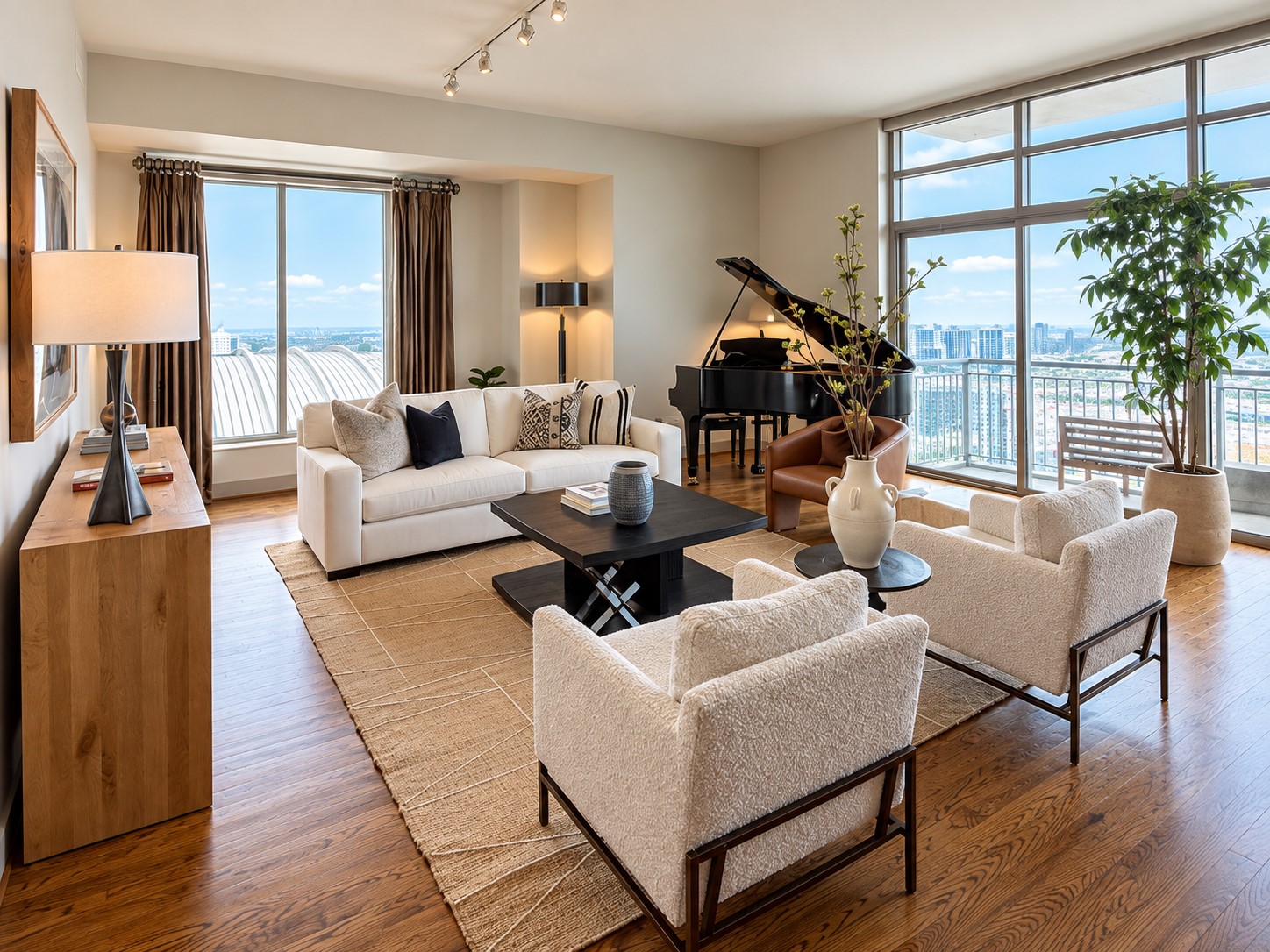 This is the kind of room that makes you want to stay awhile. Expansive windows bring the city into the home, while soaring ceilings and generous proportions create an airy sense of luxury without sacrificing warmth. I love how this space feels equally right for a quiet evening at home or a beautiful night of entertaining. This is the kind of room that makes you want to stay awhile. Expansive windows bring the city into the home, while soaring ceilings and generous proportions create an airy sense of luxury without sacrificing warmth. I love how this space feels equally right for a quiet evening at home or a beautiful night of entertaining.
