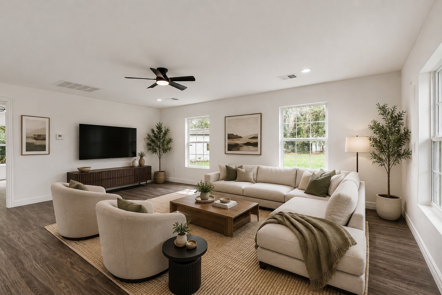 Virtual Staged Living Room, and Dining Area.