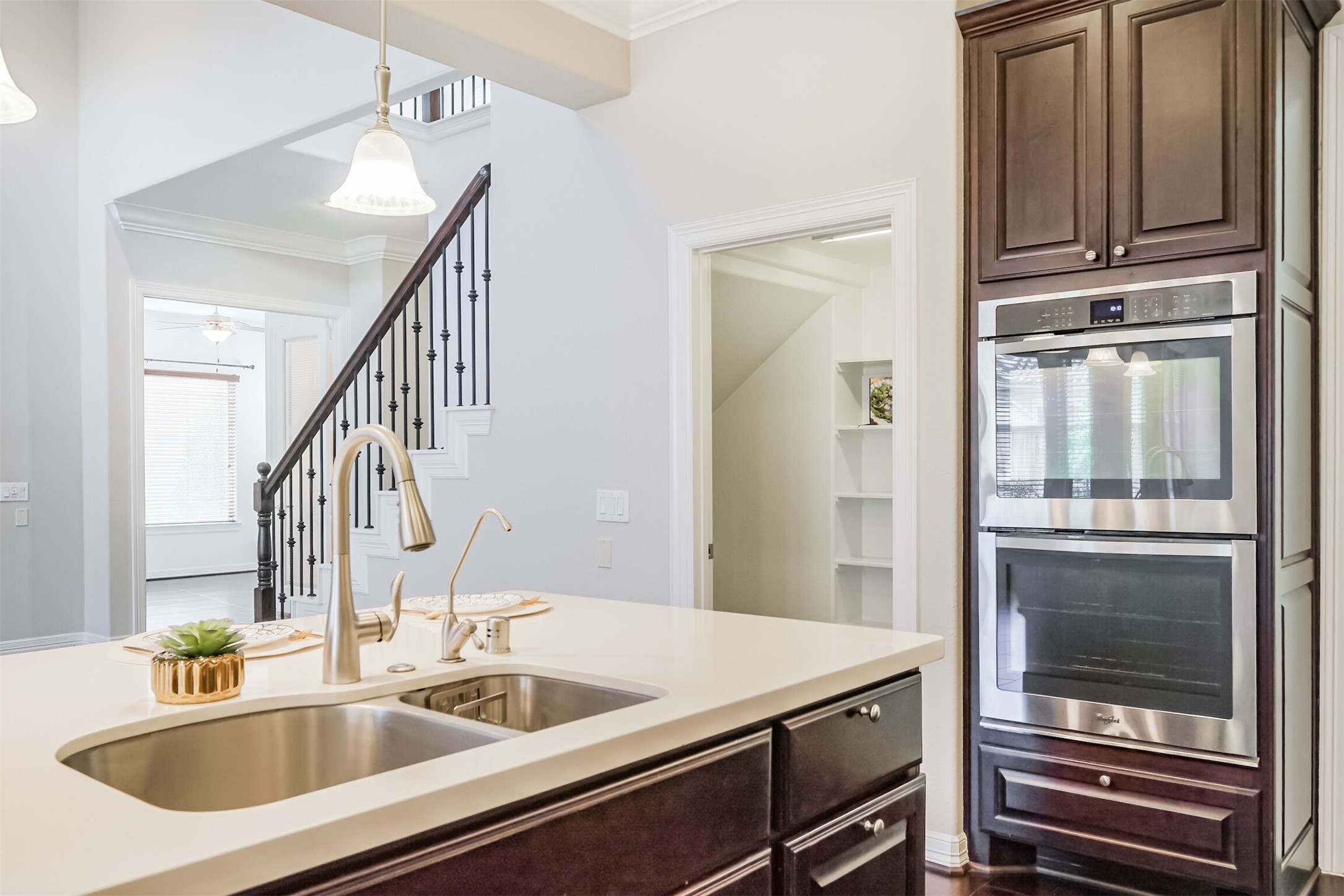Gleaming stainless steel double ovens and spacious walk-in pantry.