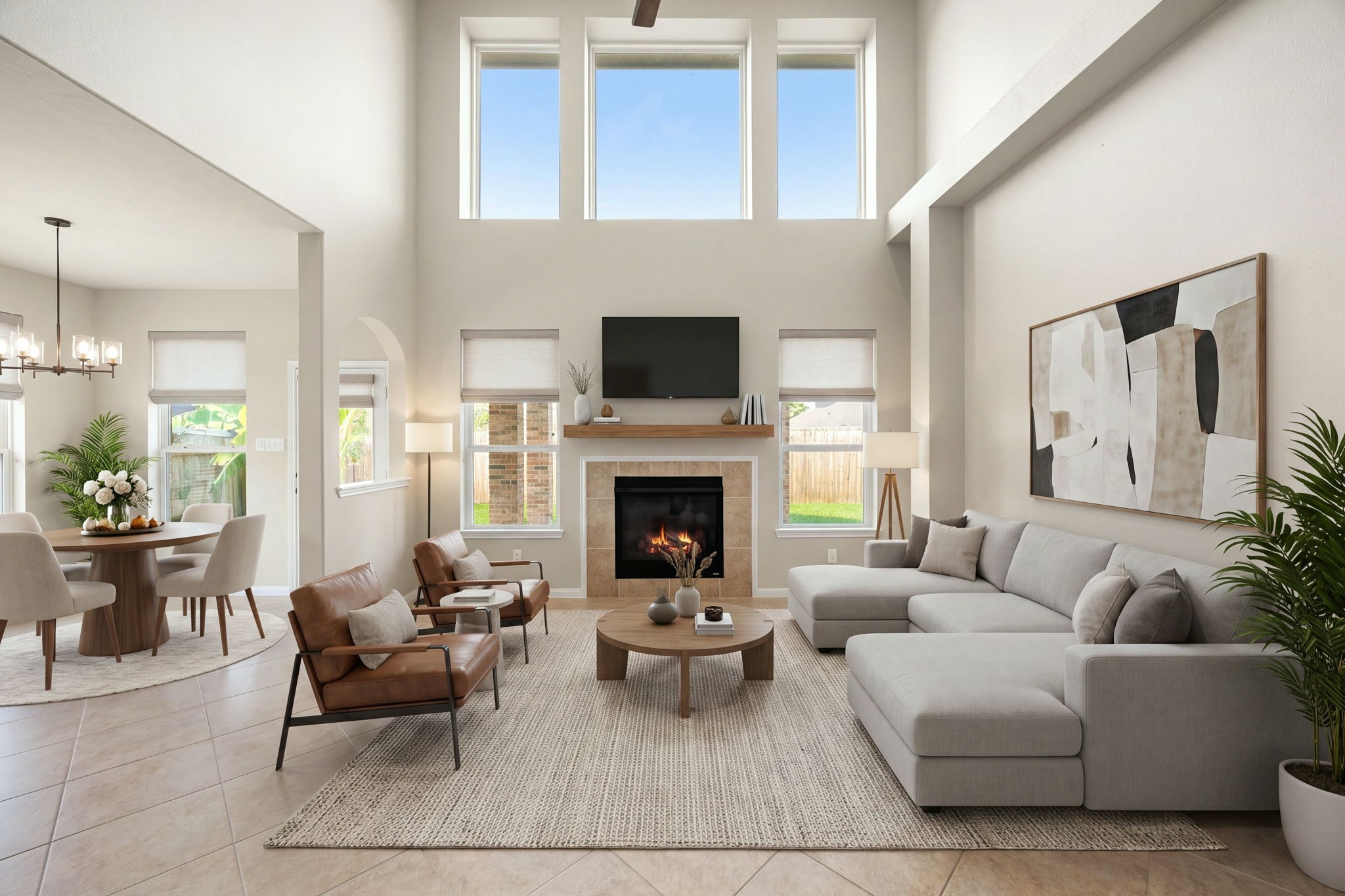 Experience the ultimate open-concept layout in this magnificent two-story living room, where dramatic high ceilings and stacked upper windows flood the entire space with natural light. This grand room effortlessly transitions into the adjoining breakfast nook and kitchen area, making it the perfect setting for both daily living and effortless entertaining. *Virtually Staged