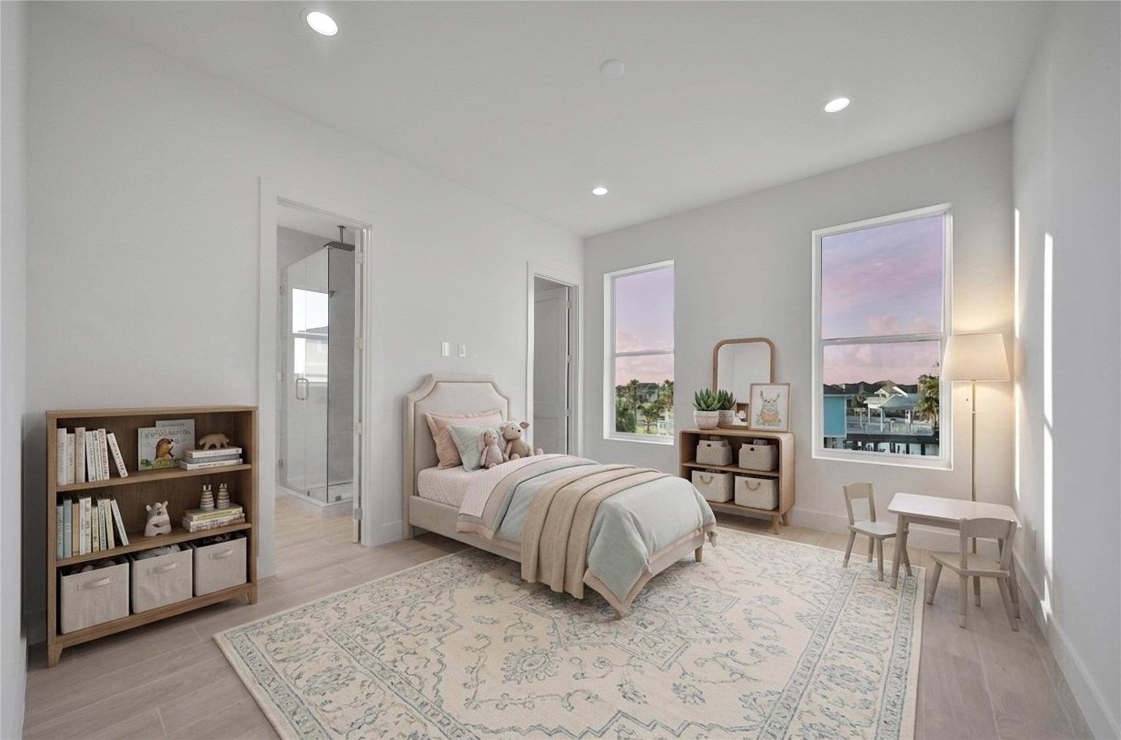 One of Four spacious secondary bedrooms offering light floors, high ceilings, recessed lighting, en suite and beautiful views. *virtually staged*