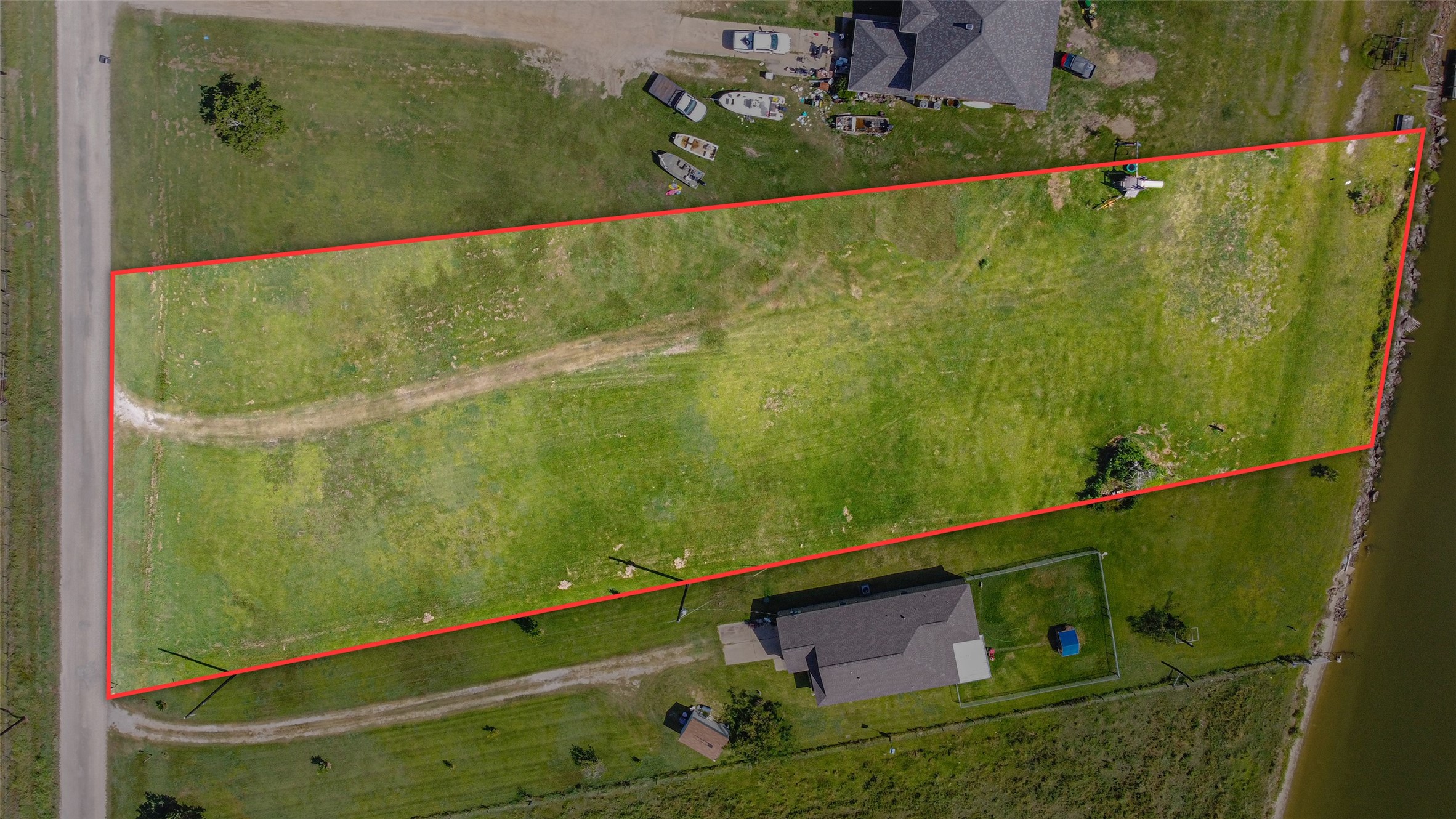 Aerial view of the 1.2 acre canal frontage lot