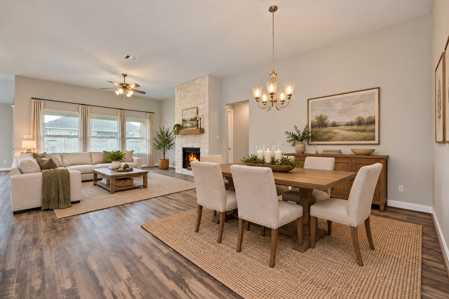 Stunning Open Concept from the Casual Dining Area to the amazing Family Room with Huge Stone Fireplace and Walls of Windows looking out to your large Outdoor Covered Patio!