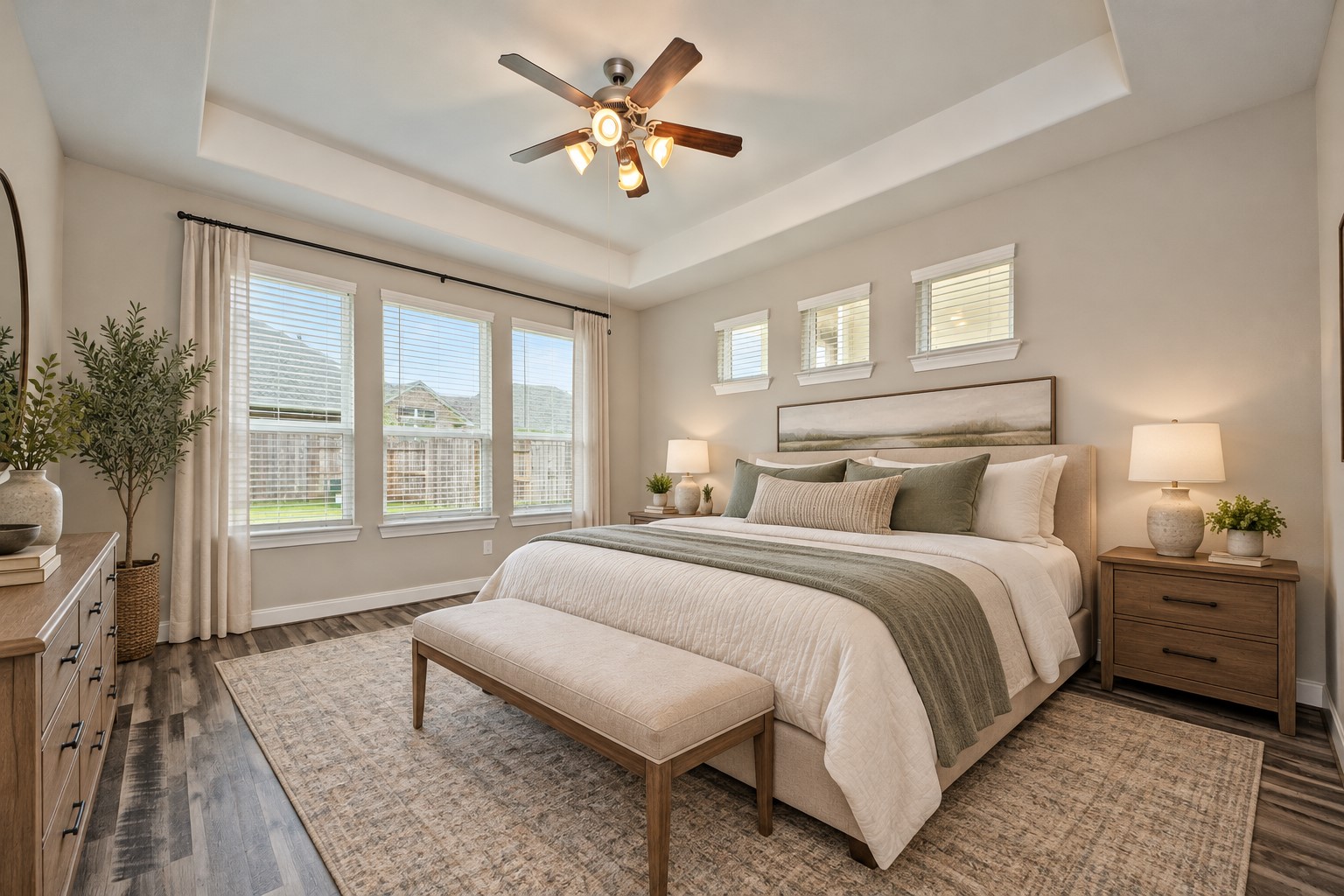 Main Primary Suite also has no carpet! High Coffered Ceilings with Ceiling Fan and more!