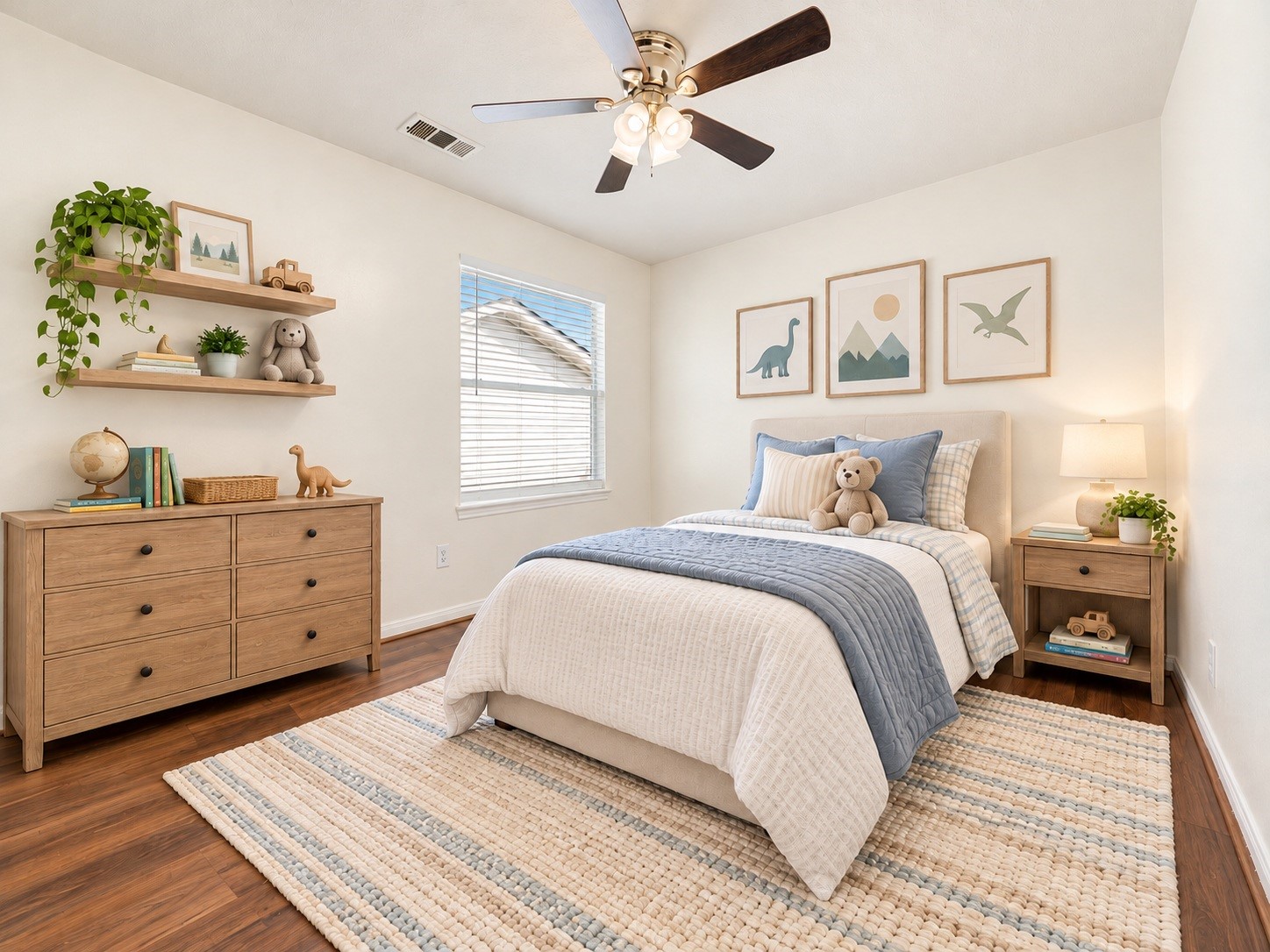 A secondary bedroom offers a ceiling fan and bright natural light, ready for your personal touch. Virtually staged.