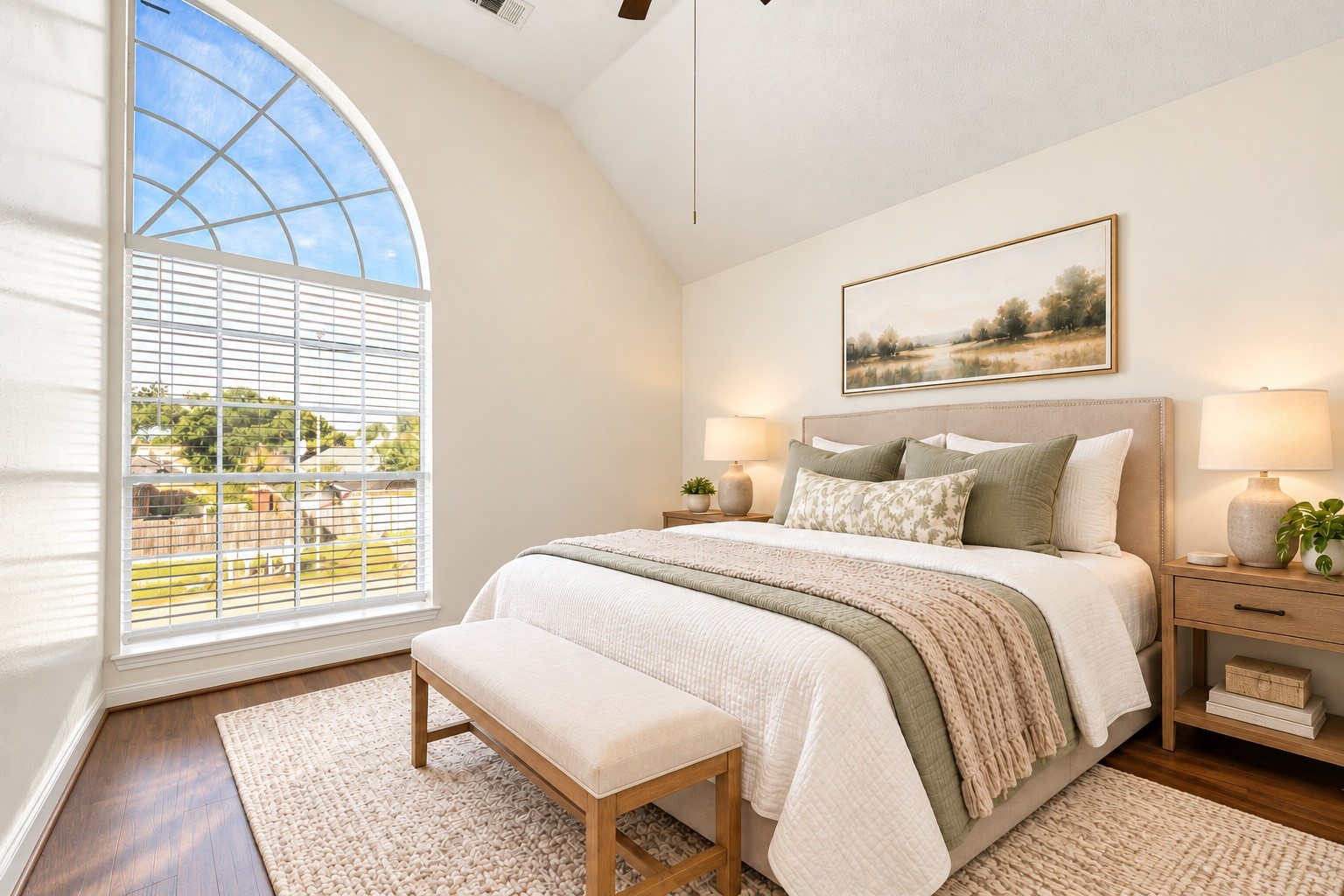 The third bedroom impresses with a soaring vaulted ceiling and a dramatic arched window. Virtually staged.