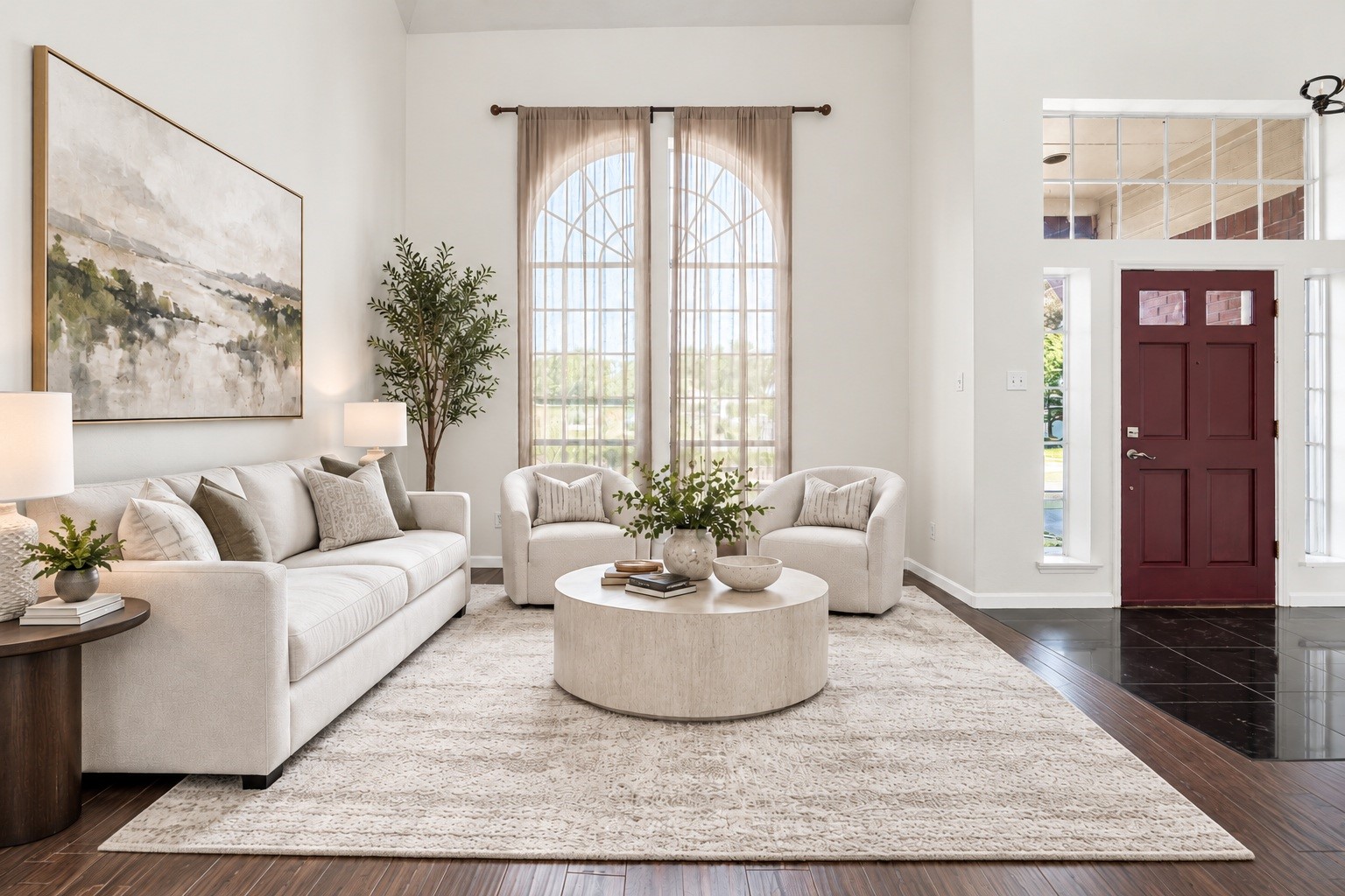 A formal living area just off the foyer offers soaring ceilings and an elegant arched window, ready for your personal touch. Virtually staged.