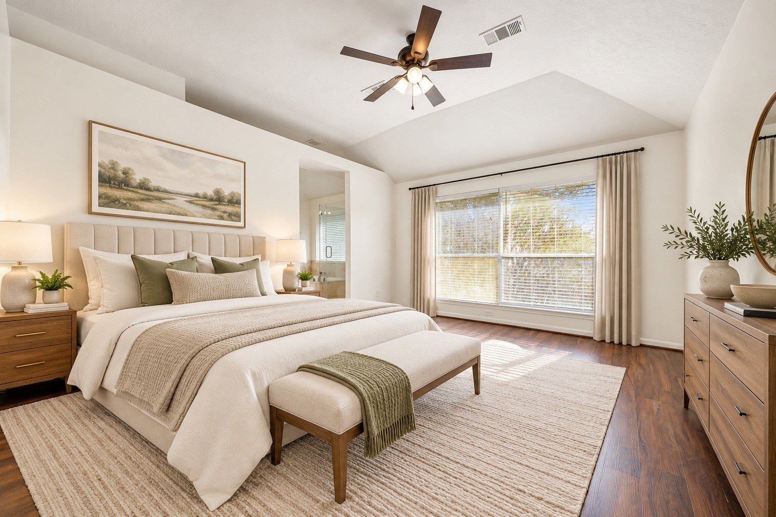 The primary bedroom, located upstairs, features a vaulted ceiling, ceiling fan, and direct access to the ensuite bath. Virtually staged.