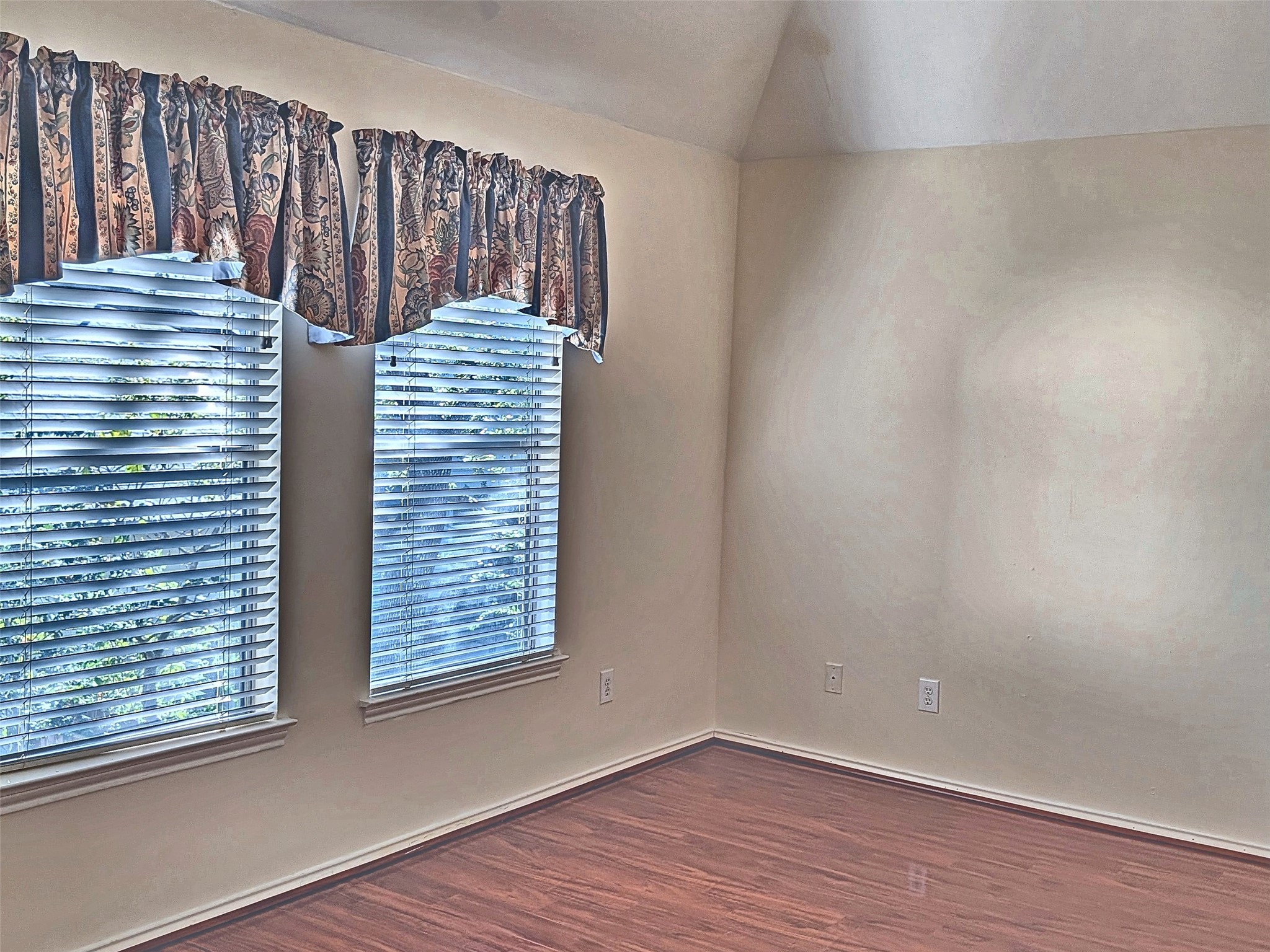 Fourth bedroom featuring high vaulted ceilings and double windows.