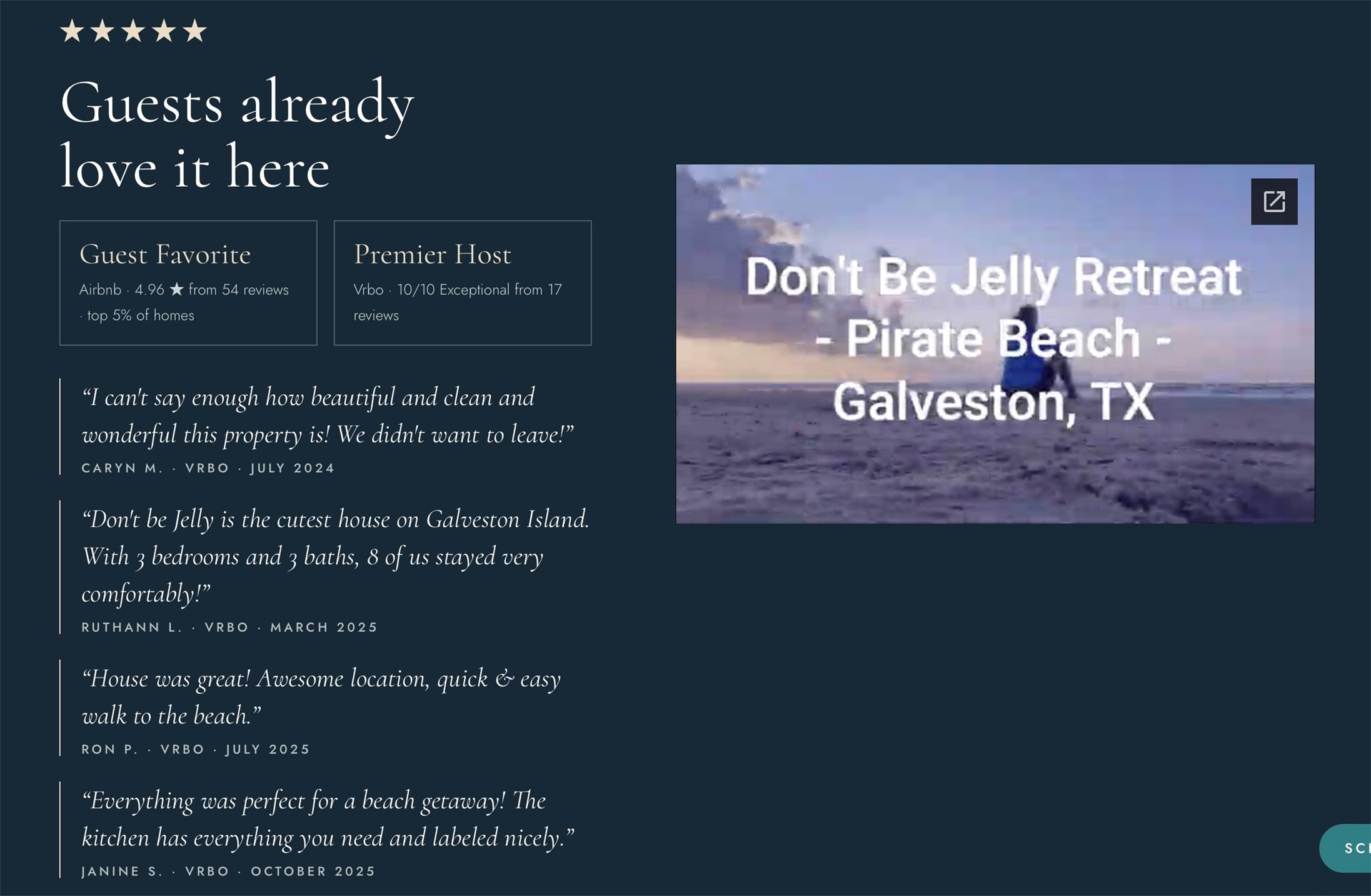 5-Star Reviews Tell it All! "Guest Favorite" ... "Everything was perfect..." "the cutest house on Galveston Island" ... "quick & easy walk to the beach"