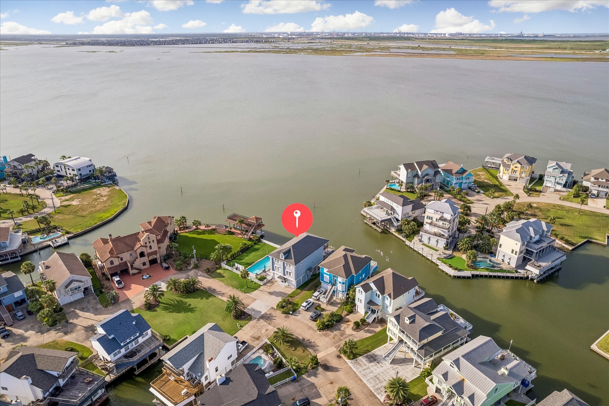 Bayfront overlooking Jones Bay, ample room between neighbors.