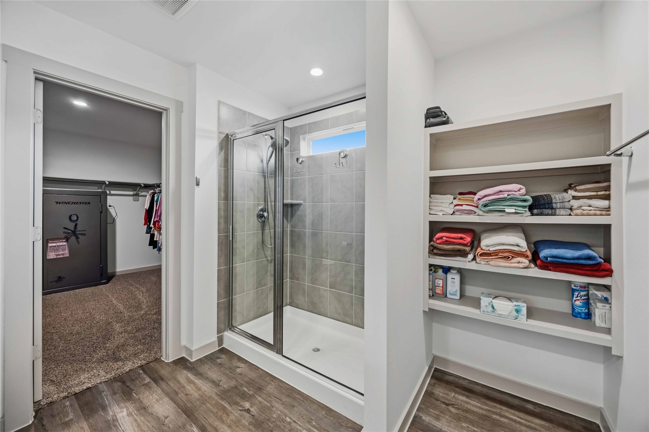 Plenty of shelve space even with the oversized shower.