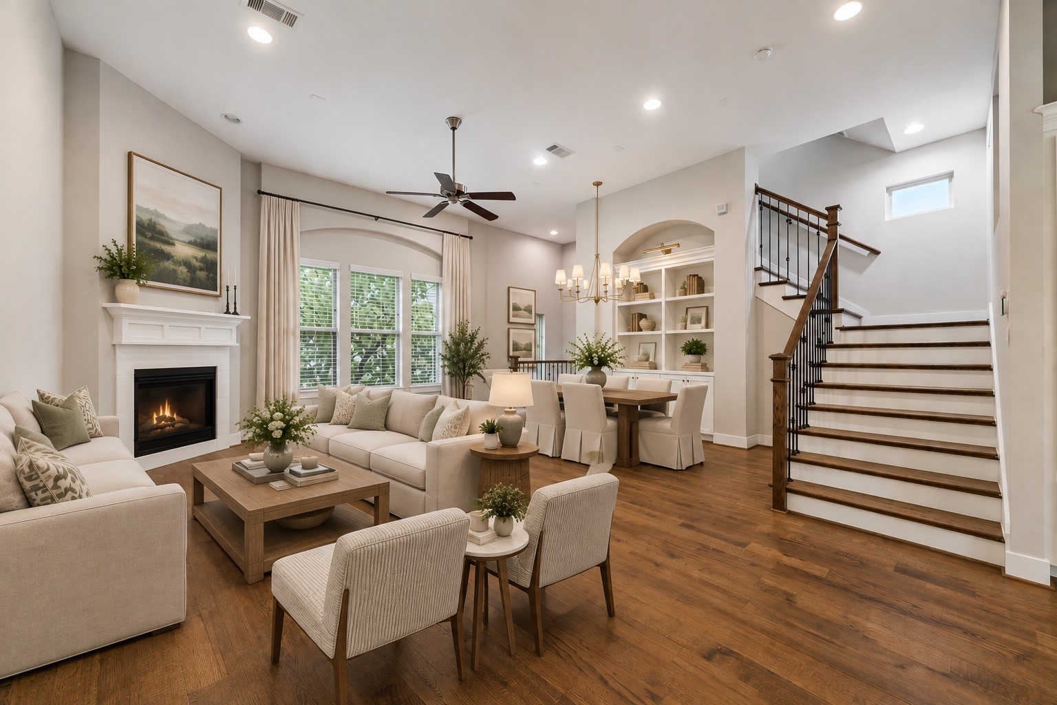 Living and dining space virtually staged.