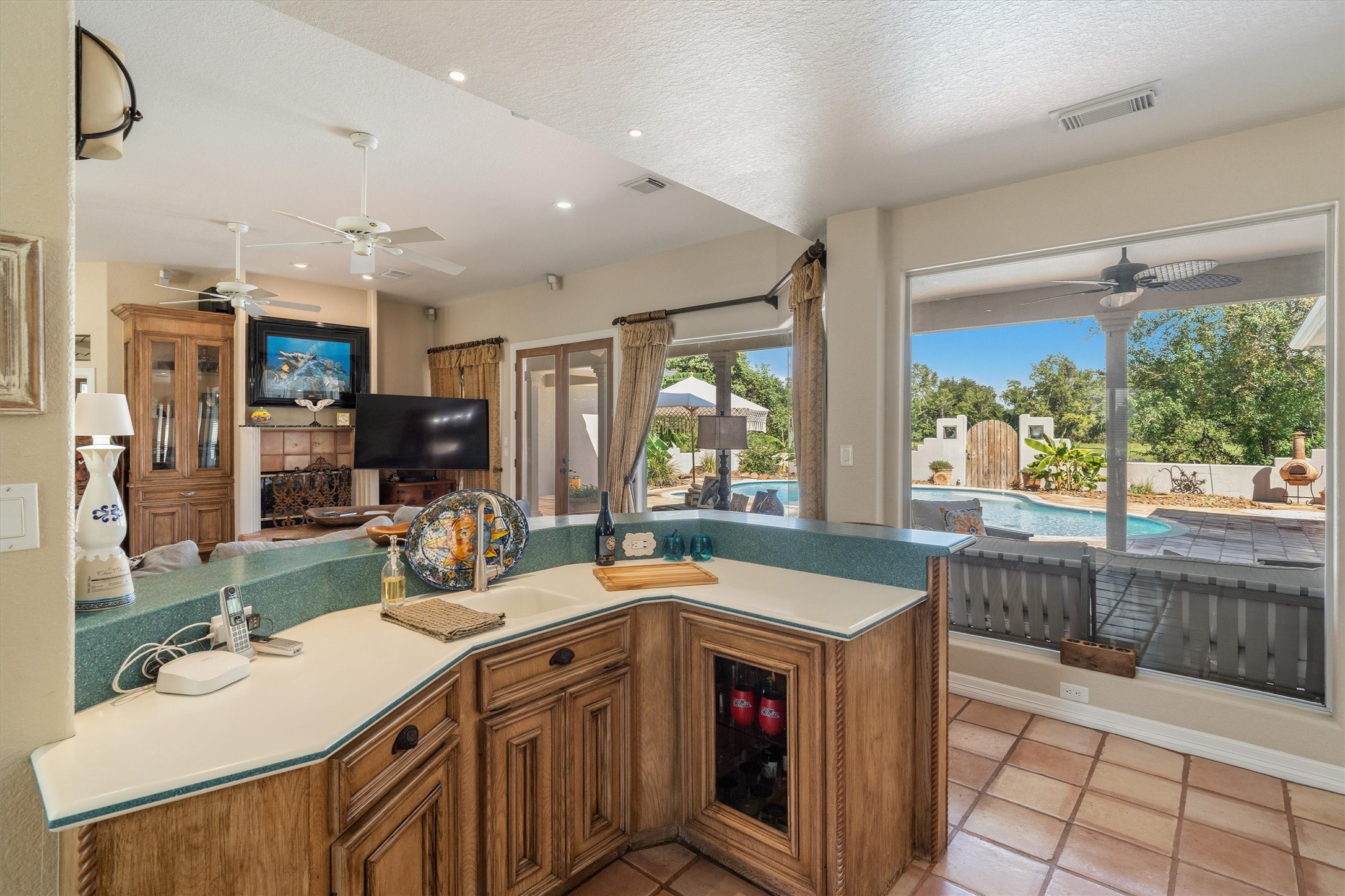 Kitchen overlooking the living room area
