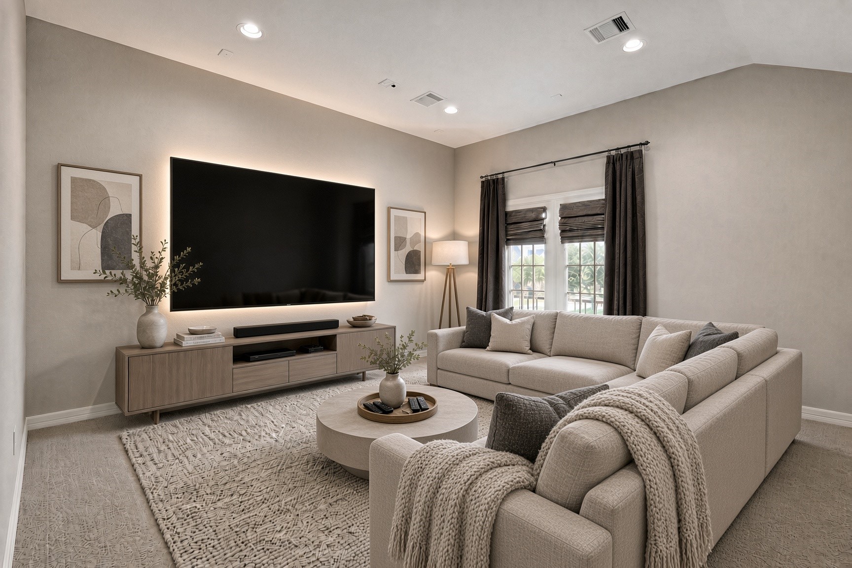 Virtually staged Media room upstairs with blackout curtains, could be used as a 5th bedroom