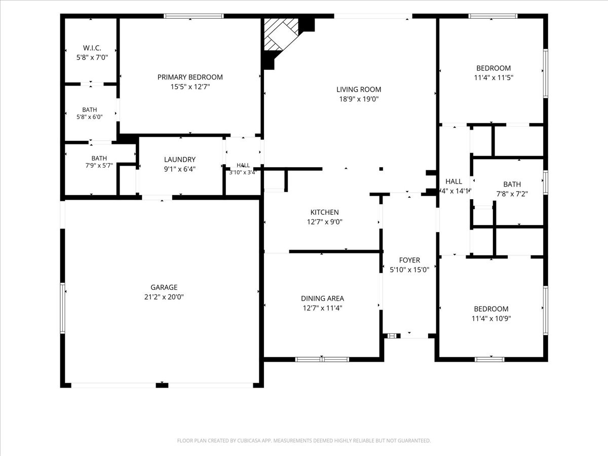 Floor plan illustrating the home's three-bedroom layout, living and dining areas, and attached garage.