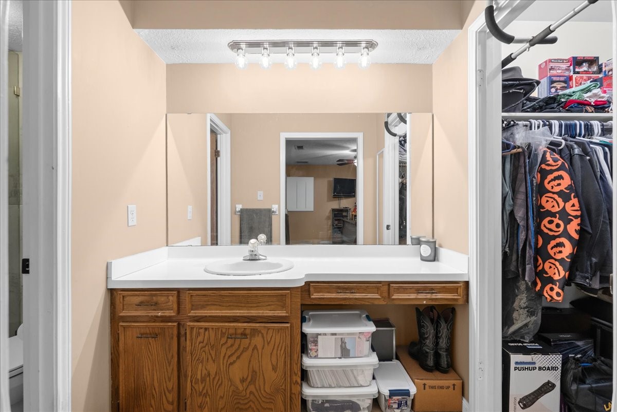 Primary bathroom vanity with adjoining walk-in closet and shower area.