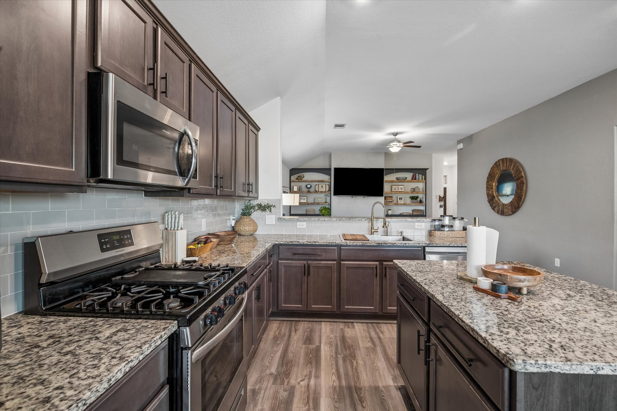 Kitchen with gas range & ample cabinet space
