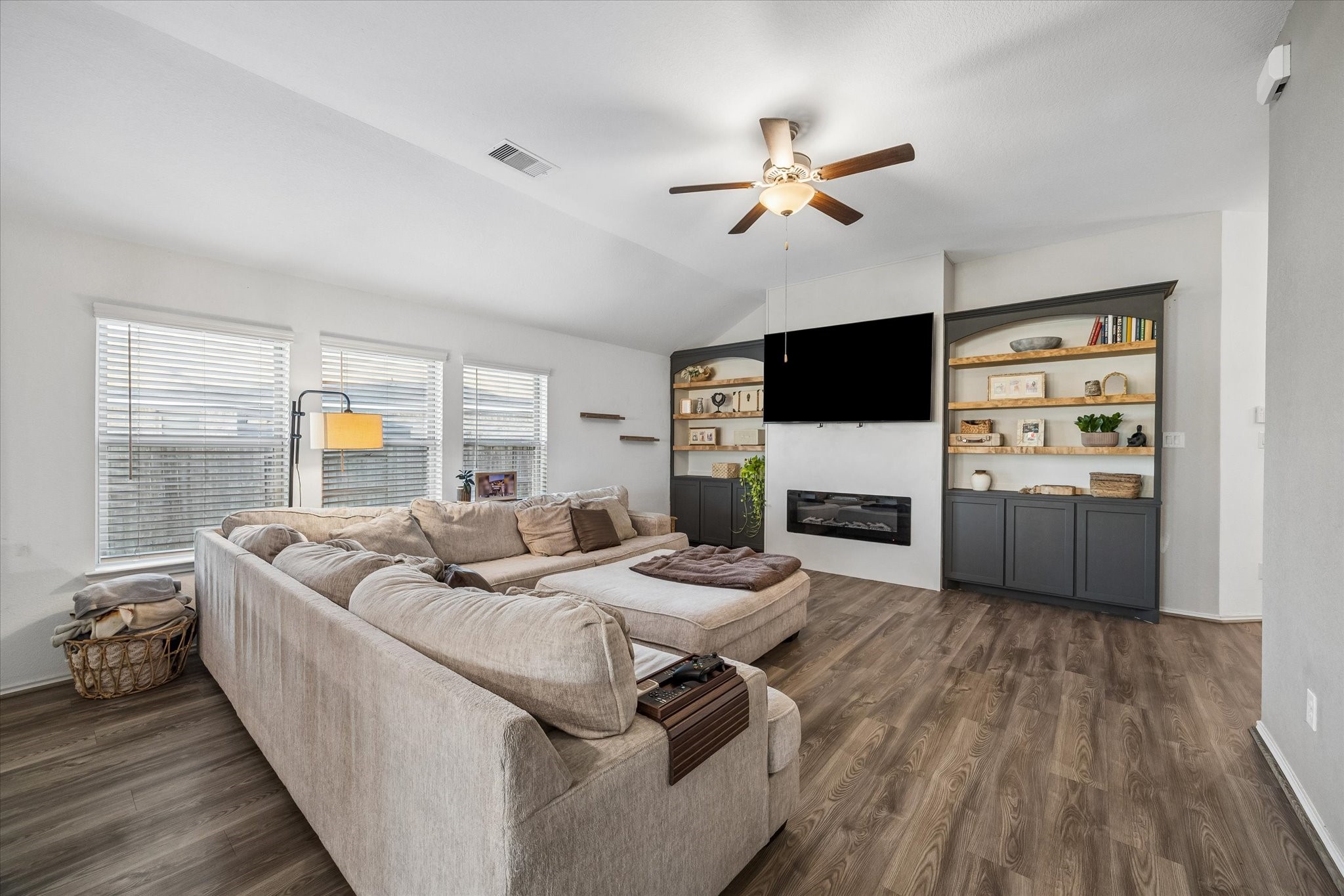 Open-concept living room with natural light
