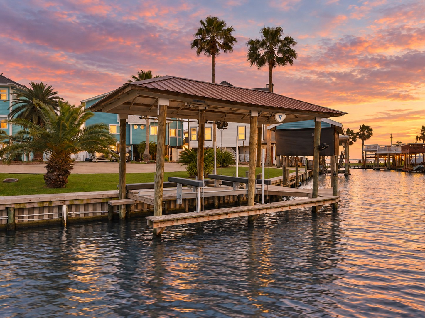 PRIVATE COVERED BOAT LIFT WITH DIRECT CANAL ACCESS, DOCK WALKWAYS, AND QUICK ACCESS TO GALVESTON BAY.