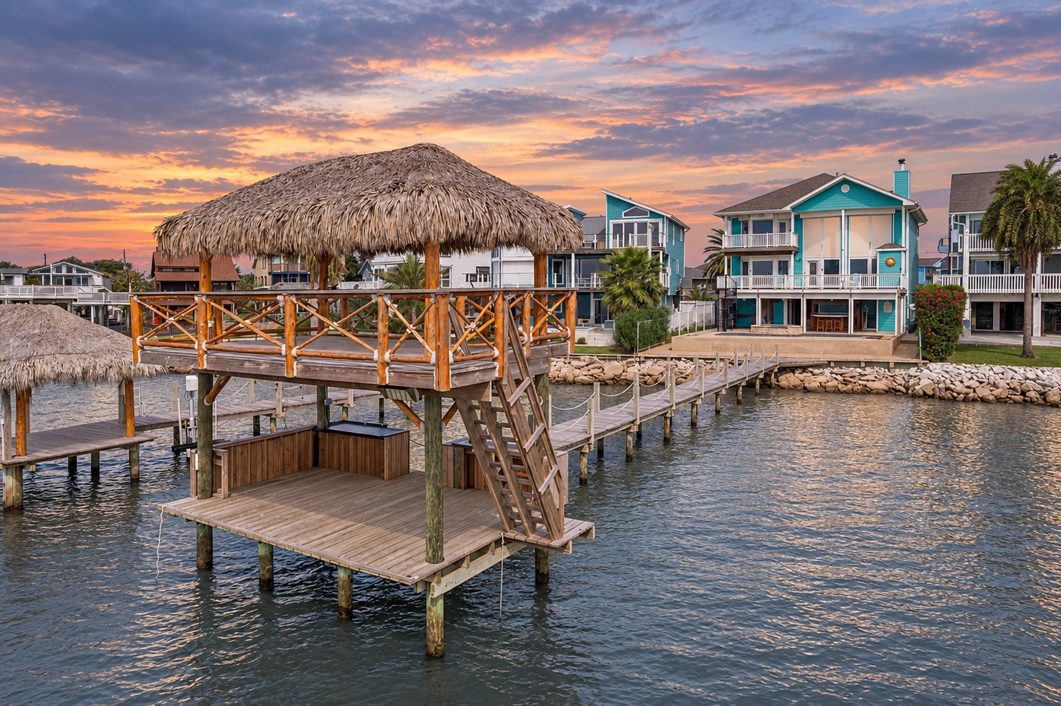 THE TWO-LEVEL PALAPA-COVERED DOCK PROVIDES SHADED SPACE ON BOTH LEVELS WITH EXPANSIVE OPEN-WATER VIEWS.