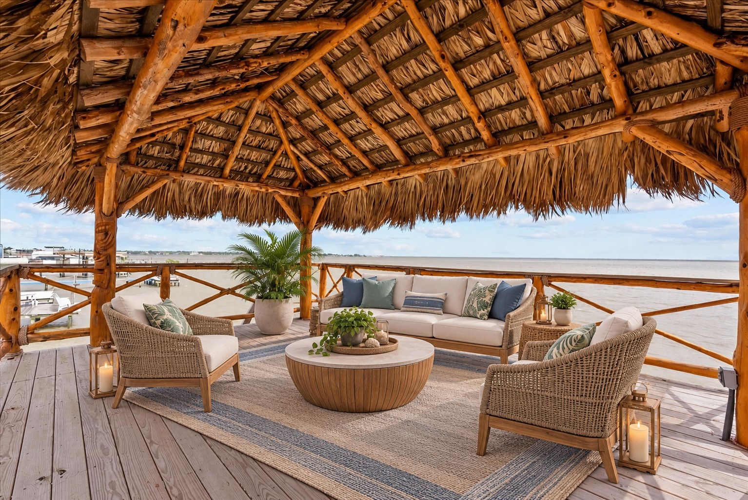 OVERSIZED PALAPA DECK WITH PANORAMIC WATER VIEWS AND PLENTY OF COVERED SPACE FOR RELAXING OR ENTERTAINING. **Virtually Staged.